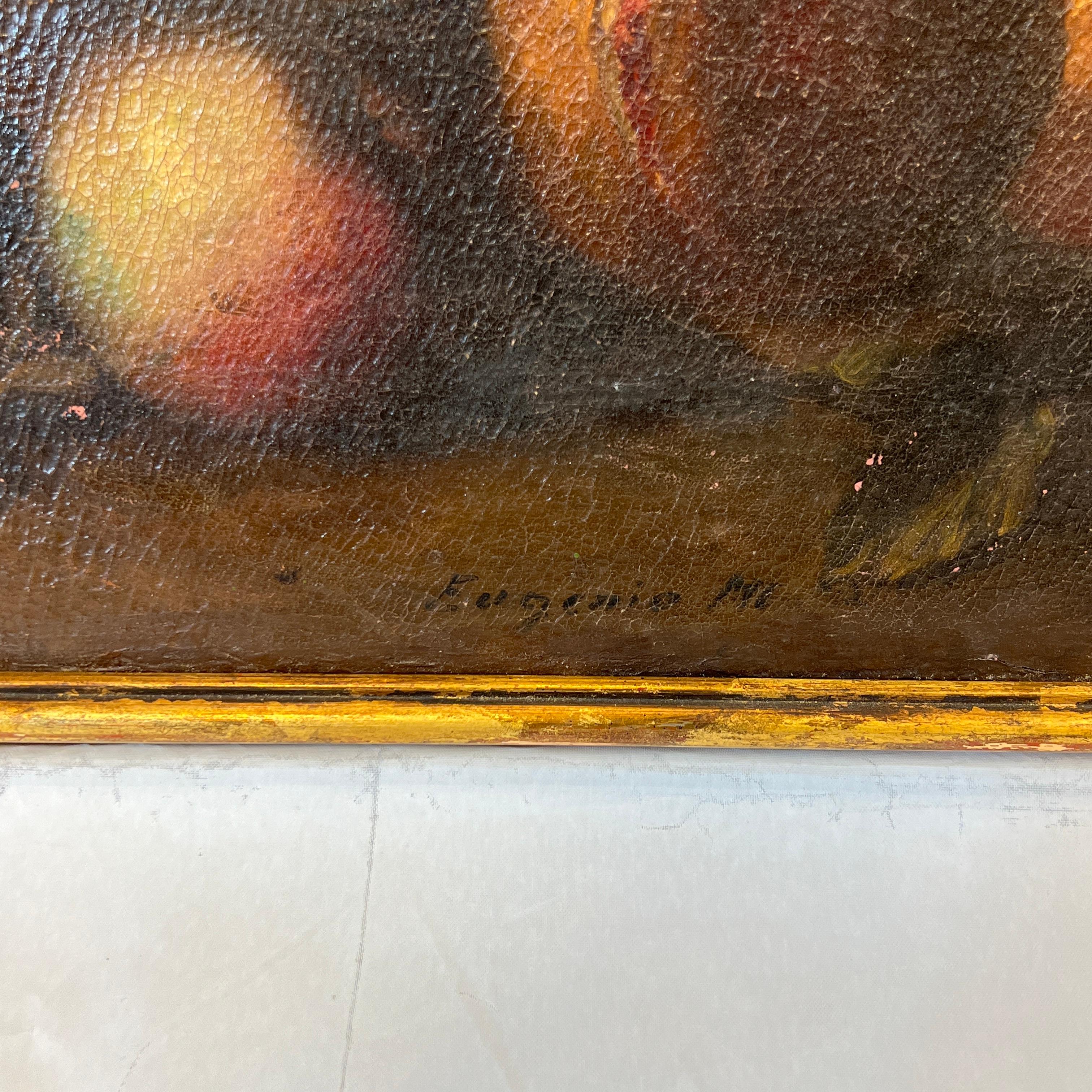 Very large 19th century oil on canvas depicting a large bouquet in a metal bowl (or brazier) beside a pitcher and bounty of fruits and vegetables.  Mounted in a period giltwood frame measuring 52.5 by45.75 inches.  Signed indistinctly, Eugenie or