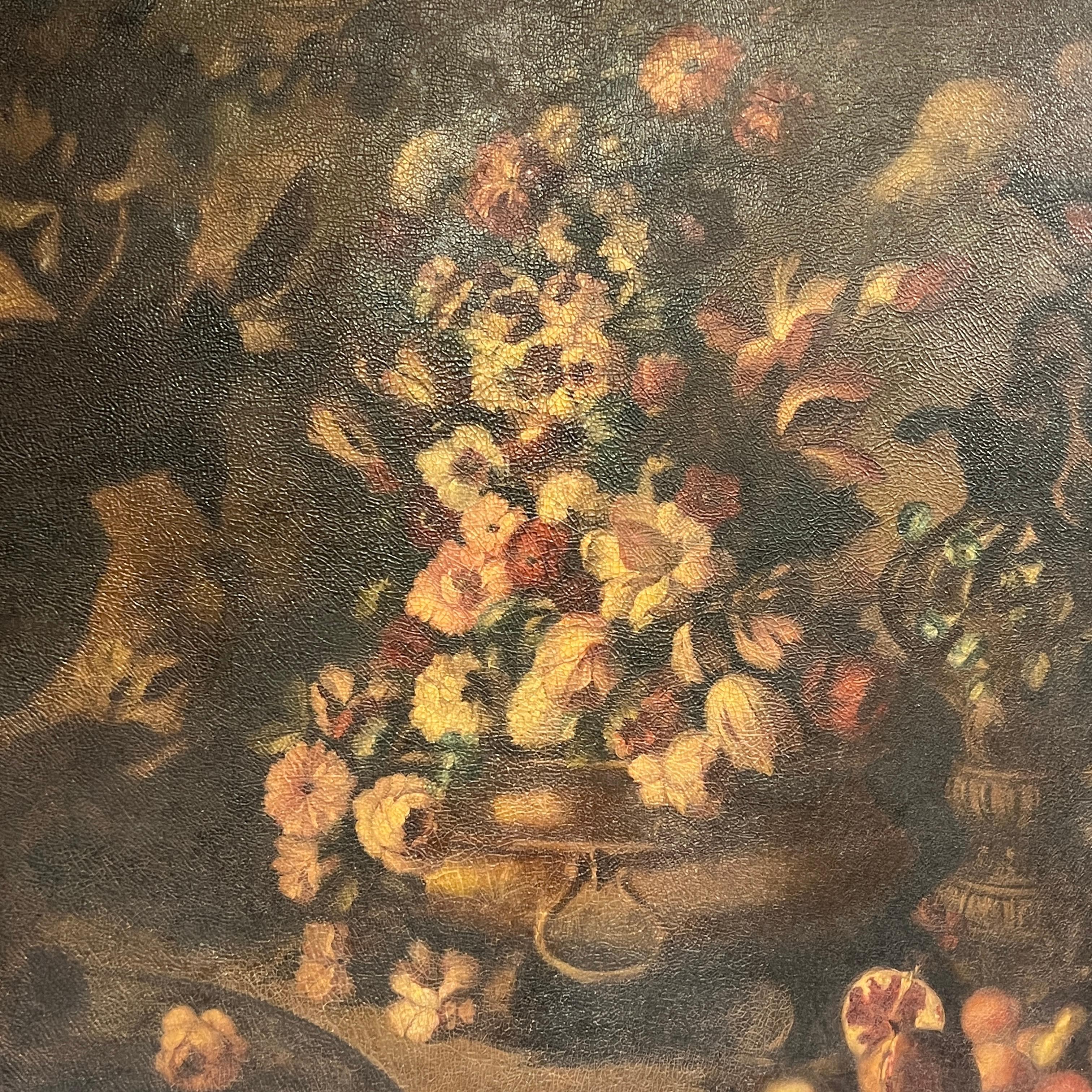 Canvas Large 19th Century Floral Still Life Oil Painting For Sale