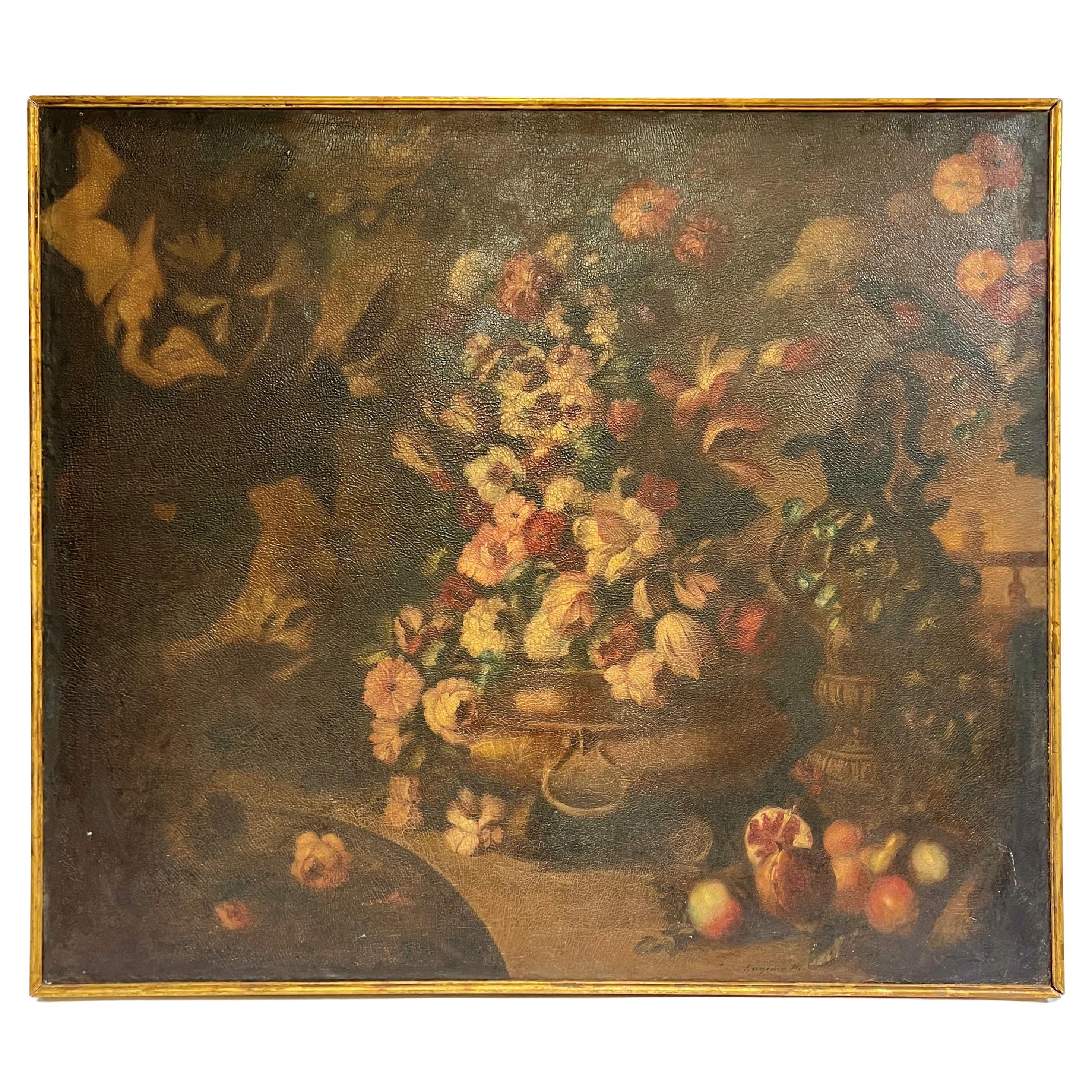 Grande pittura ad olio su natura morta floreale del XIX secolo