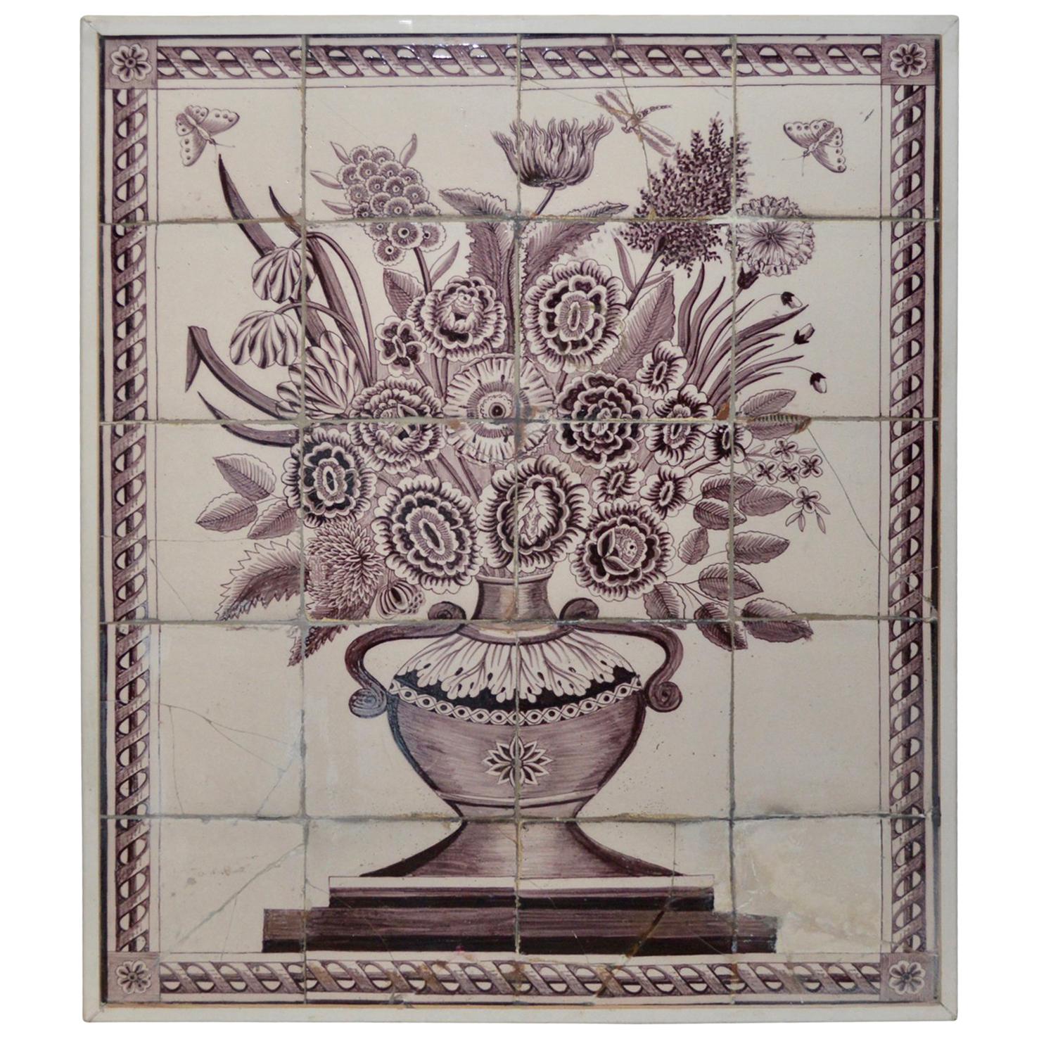 Large 19th Century Framed Delft Tile Flower Motifs Wall Decoration