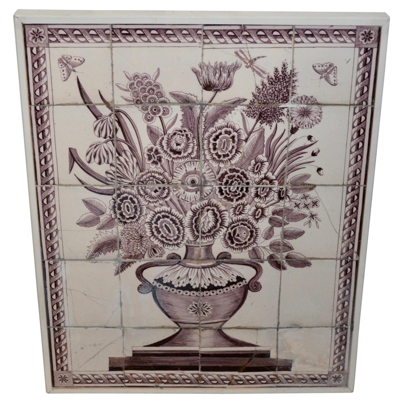 Dutch Large 19th Century Framed Delft Tile Flower Motifs Wall Decoration