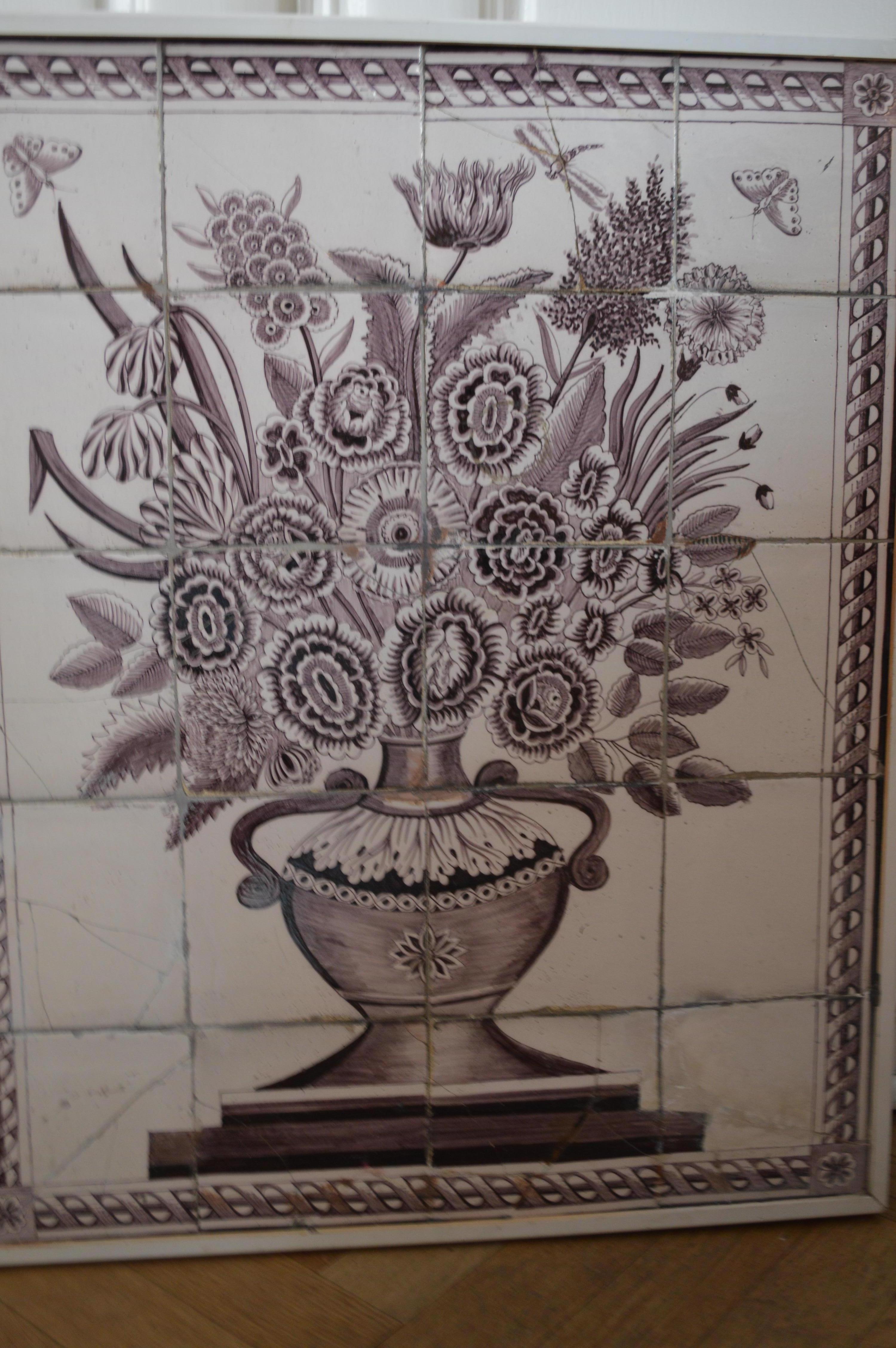 Hand-Painted Large 19th Century Framed Delft Tile Flower Motifs Wall Decoration