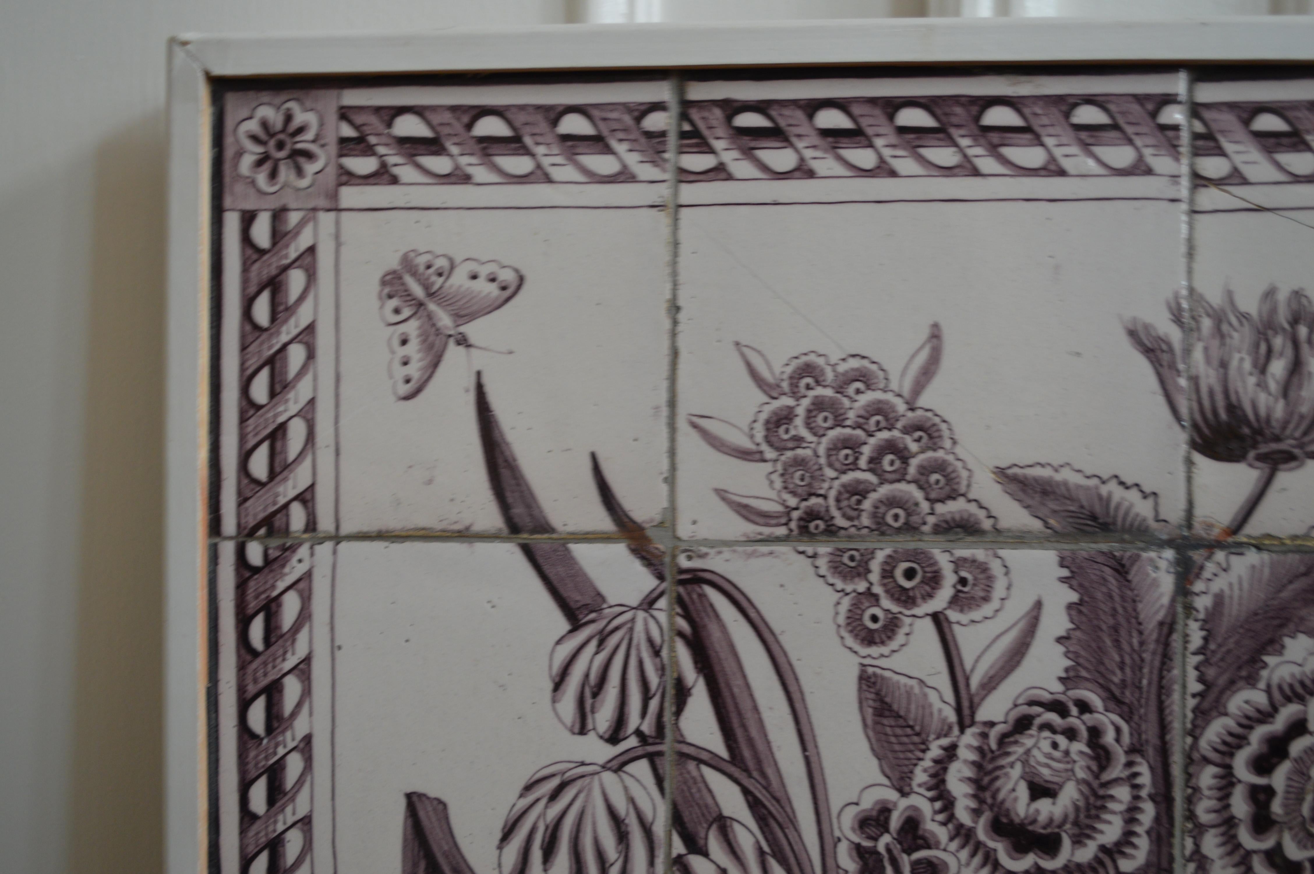 Large 19th Century Framed Delft Tile Flower Motifs Wall Decoration 1