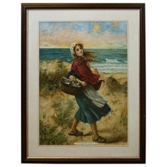 Antique Large 19th Century Framed print “A Fisher Lass” An illustration of a fisher girl