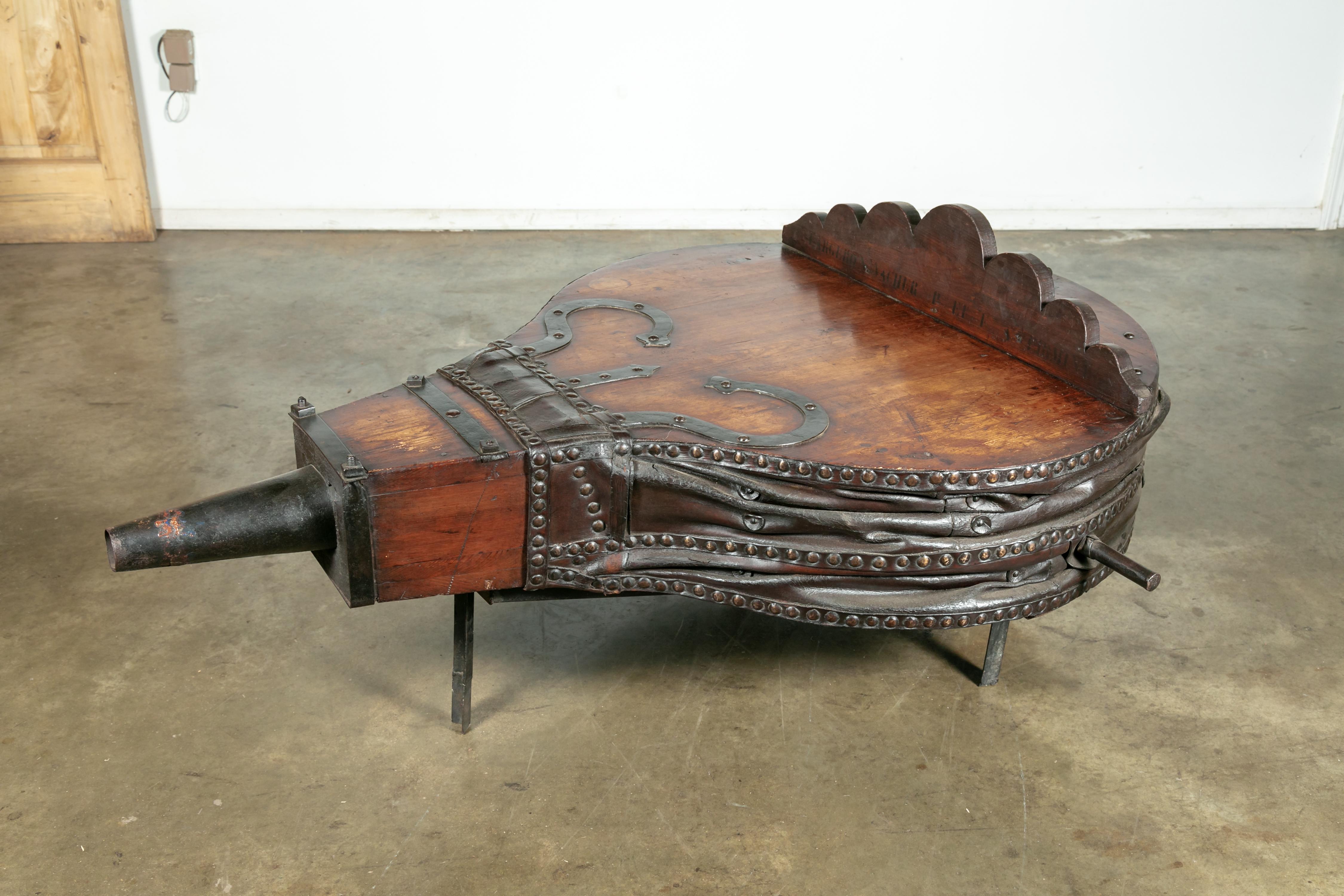 Leather Large 19th Century French Blacksmith Forge Bellows Coffee Table For Sale