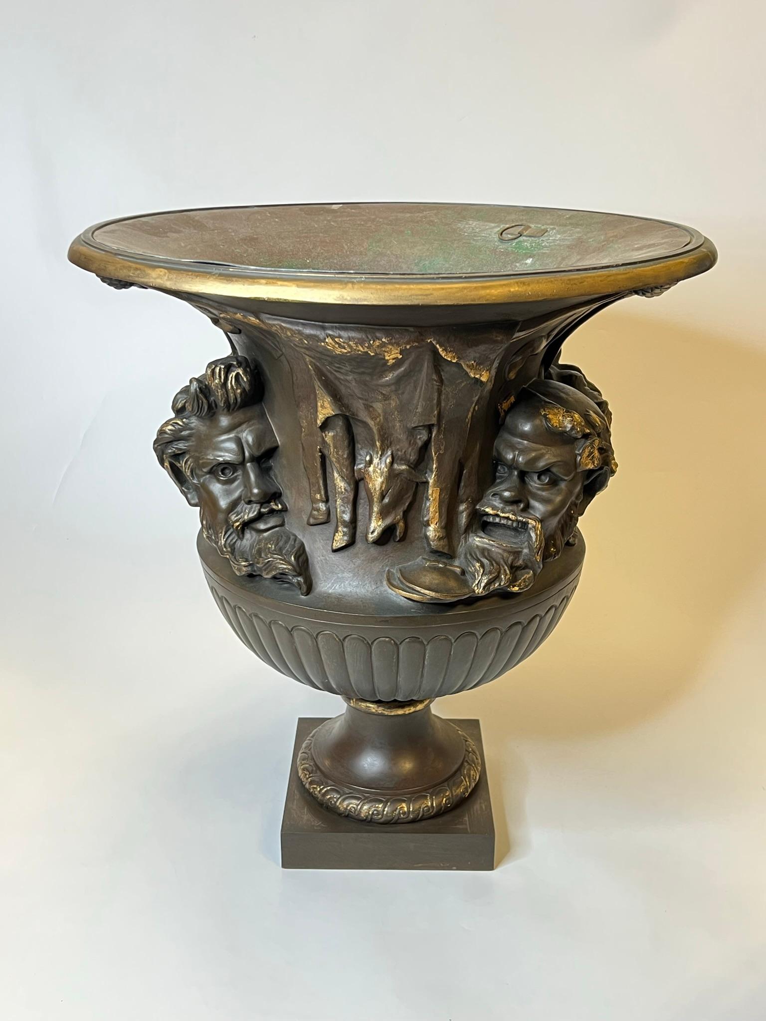 Large Bronze Grand Tour Jardiniere Planter by Barbedienne with neoclassical satyr masks and designs, after the original Borghese vase by Giovanni Zoffoli (1785-1845).  Exceptionally and finished with gilt highlights.  Very Rare.