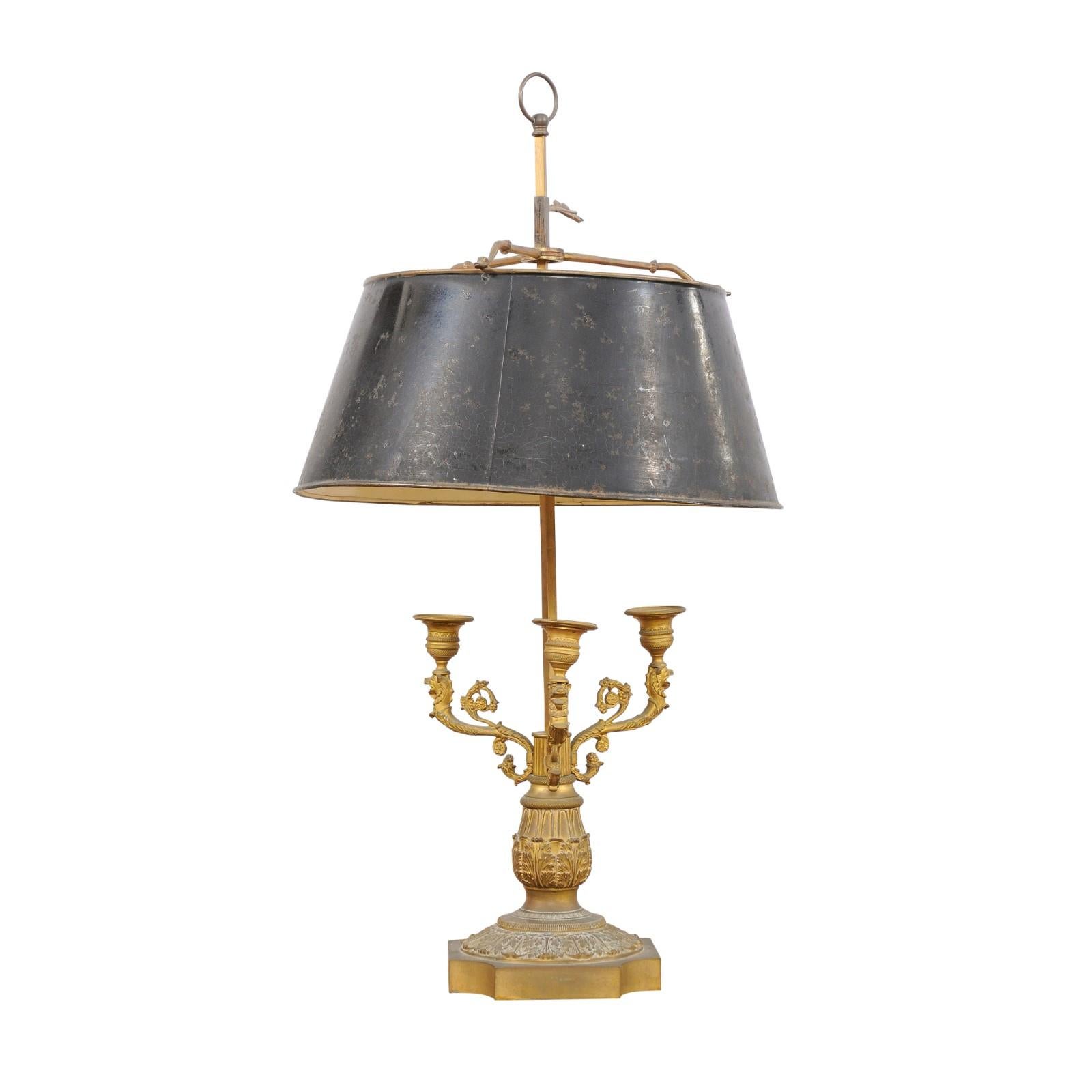 Large 19th Century French Bronze Bouillotte Lamp with Black Painted Tole Shade In Good Condition For Sale In Atlanta, GA