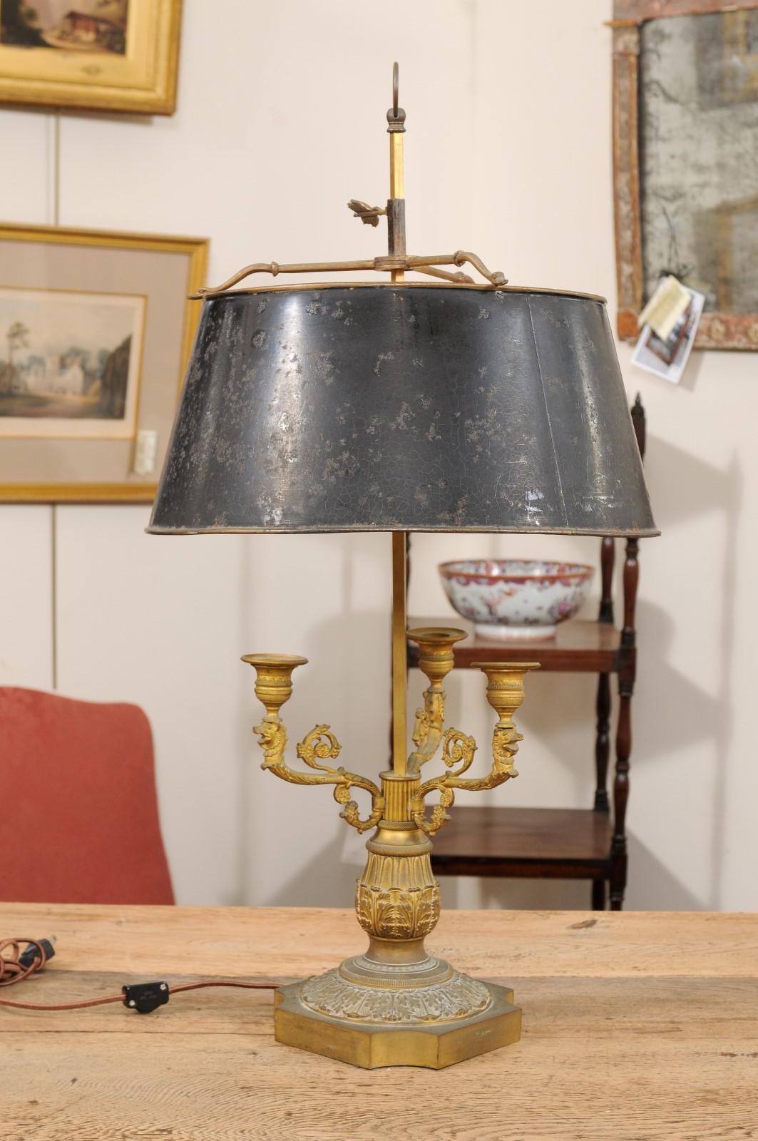 Large 19th Century French Bronze Bouillotte Lamp with Black Painted Tole Shade For Sale 4