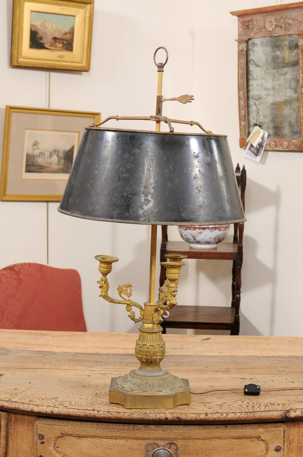 Large 19th Century French Bronze Bouillotte Lamp with Black Painted Tole Shade For Sale 7