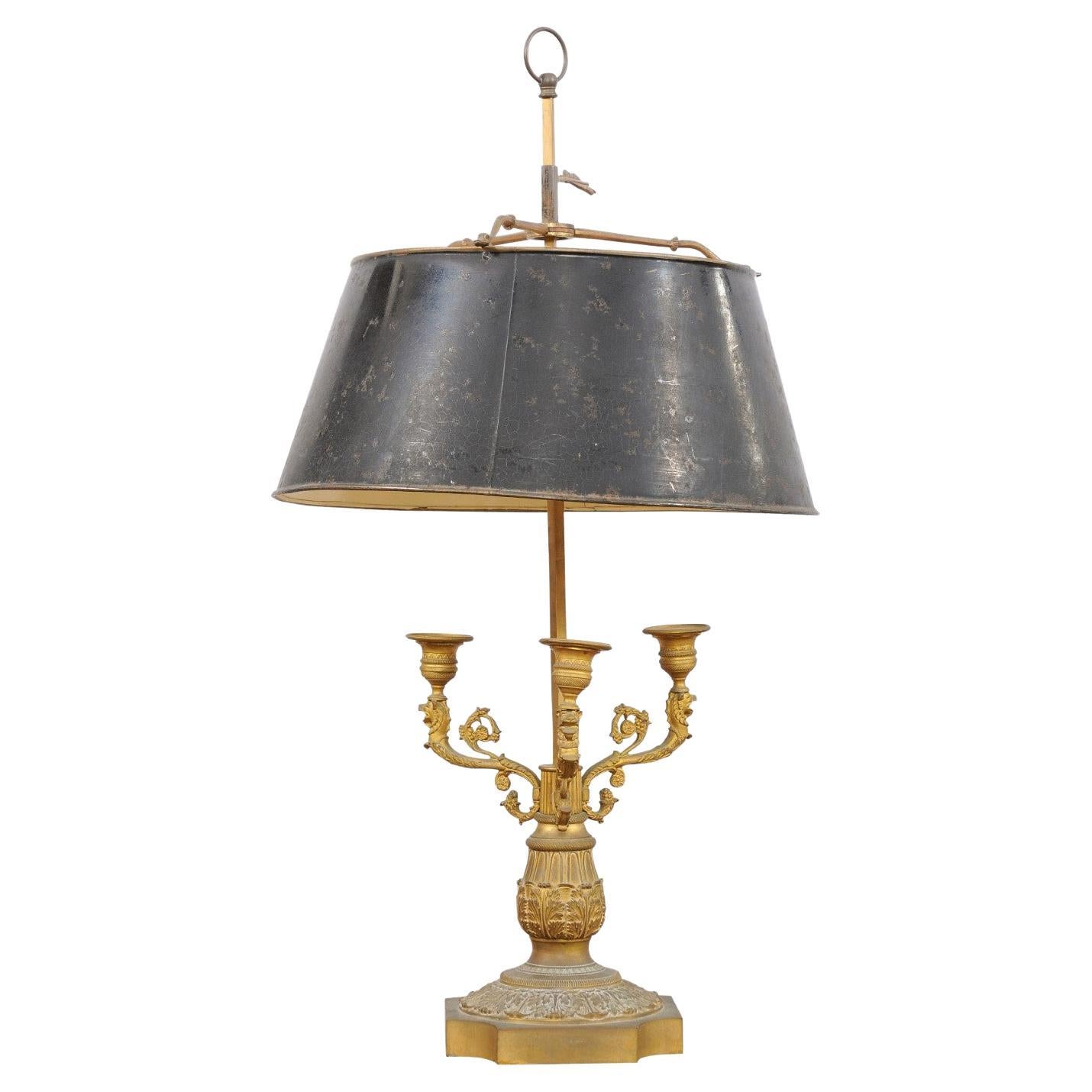Large 19th Century French Bronze Bouillotte Lamp with Black Painted Tole Shade For Sale