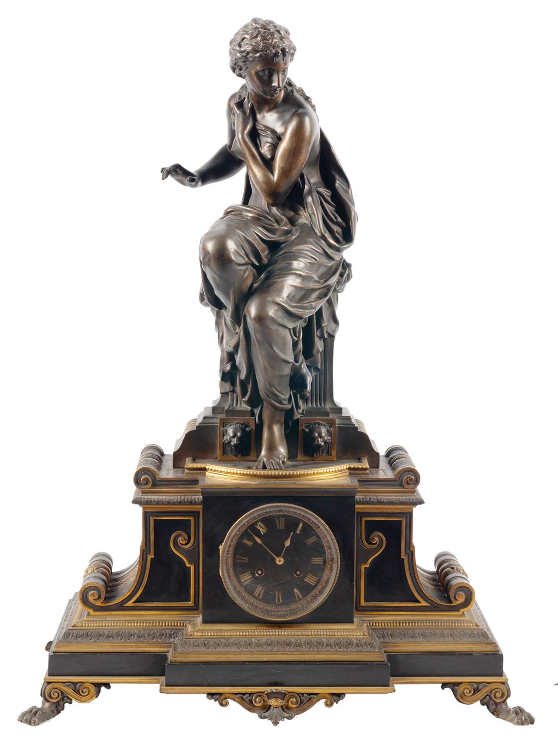 A large fine quality 19th century bronze clock garniture, signed H.Dumaige.
The clock having a seated classical maiden above an ormolu-mounted Belgium black marble case with an eight day chiming movement, raised on gilded claw feet.
The pair of