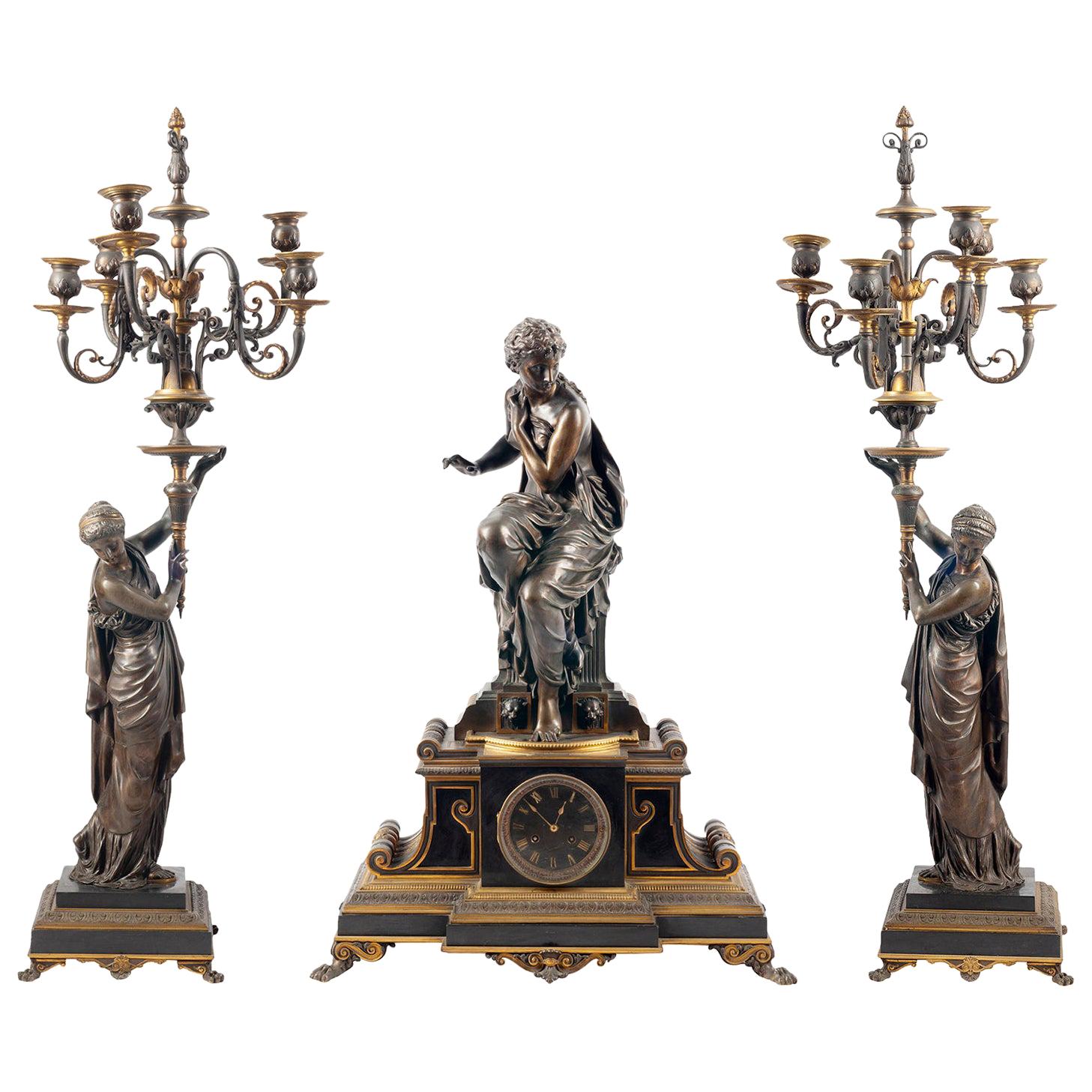 Large 19th Century, French Bronze Clock Set by H. Dumaige