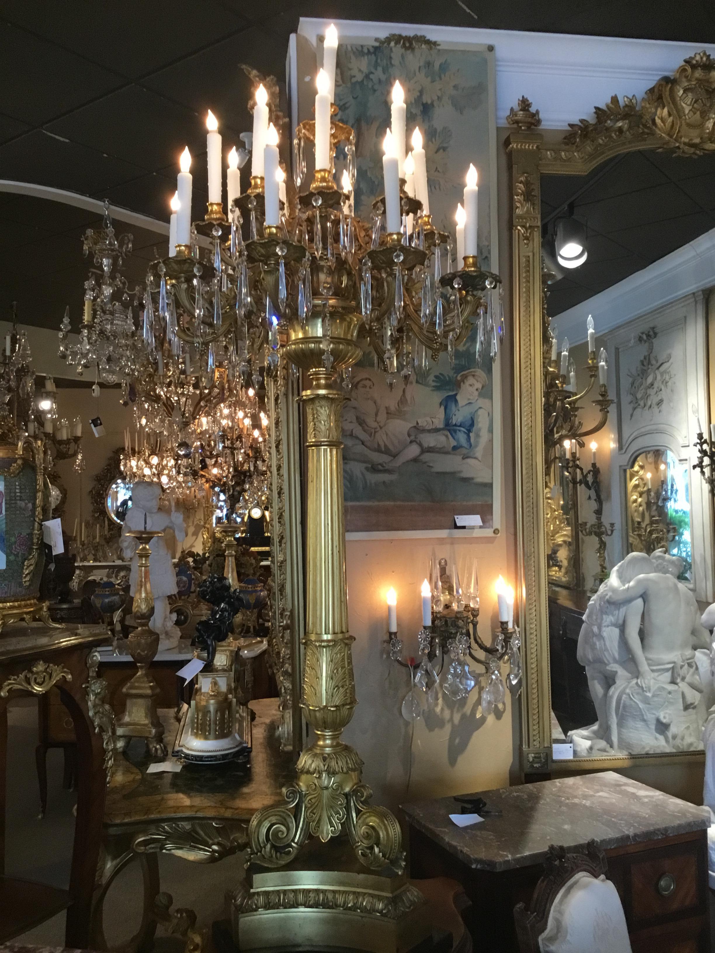 Large 19th  c. French Bronze Doré and Crystal 19-Light Torchieres/candelabrum In Good Condition For Sale In Houston, TX