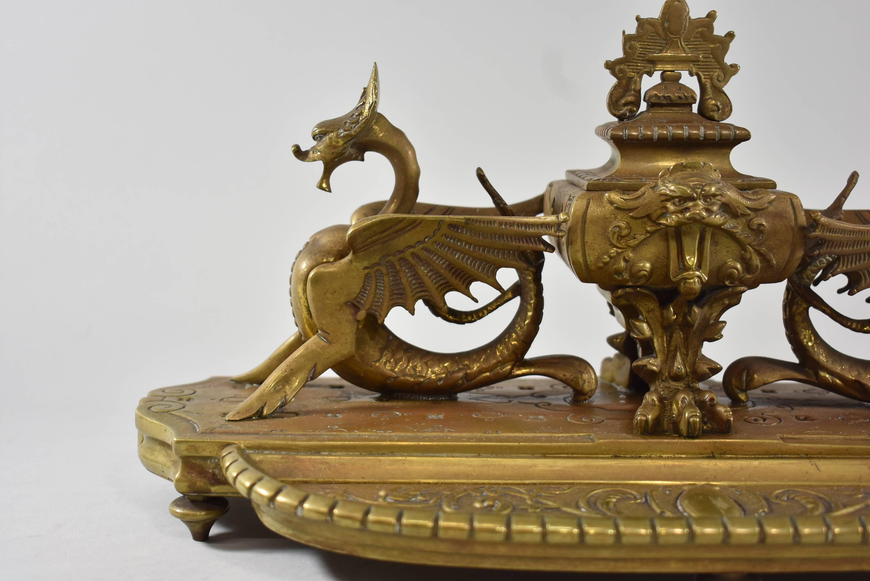 Large 19th Century French Bronze Inkwell with Dragons 2