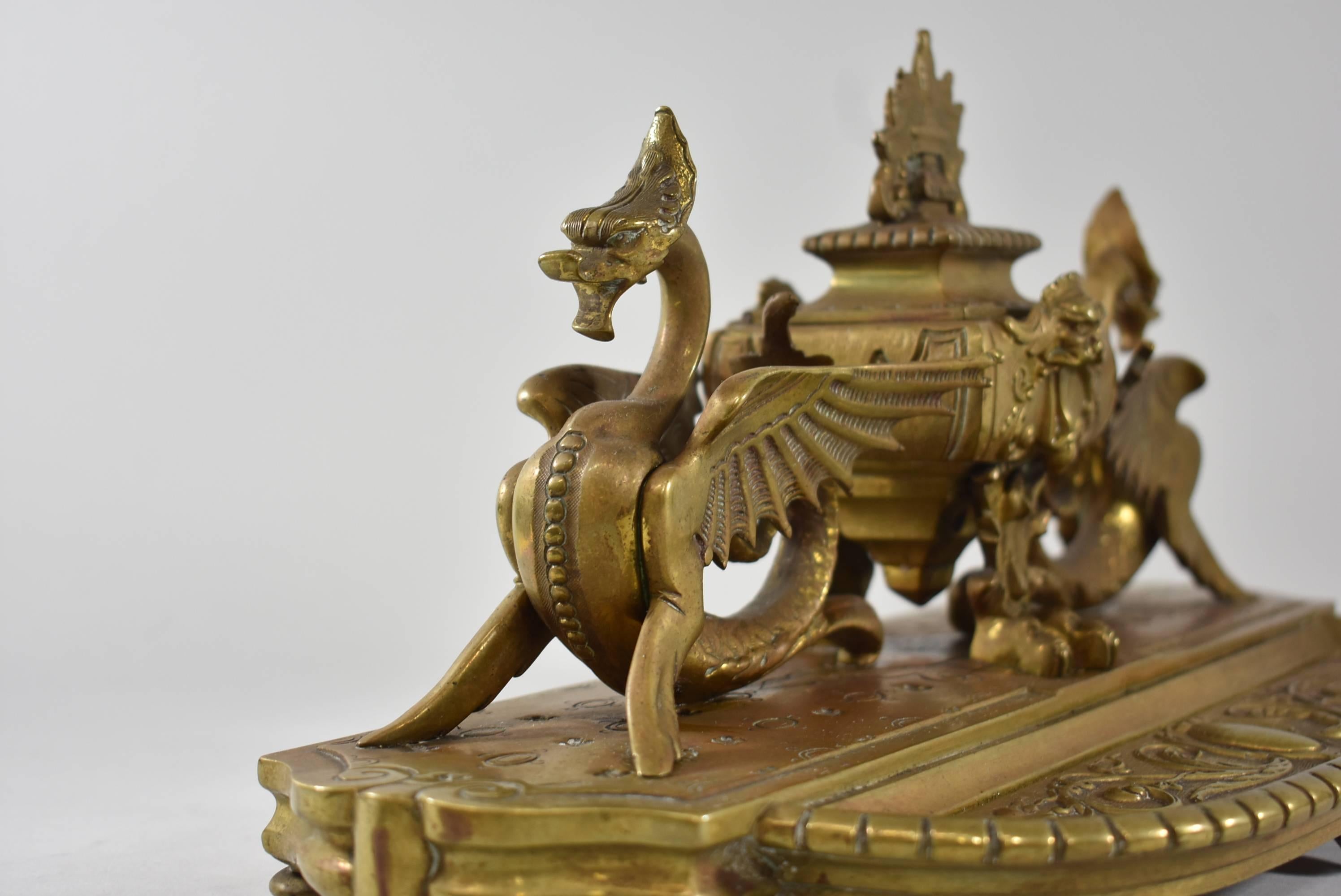 Large 19th Century French Bronze Inkwell with Dragons 3