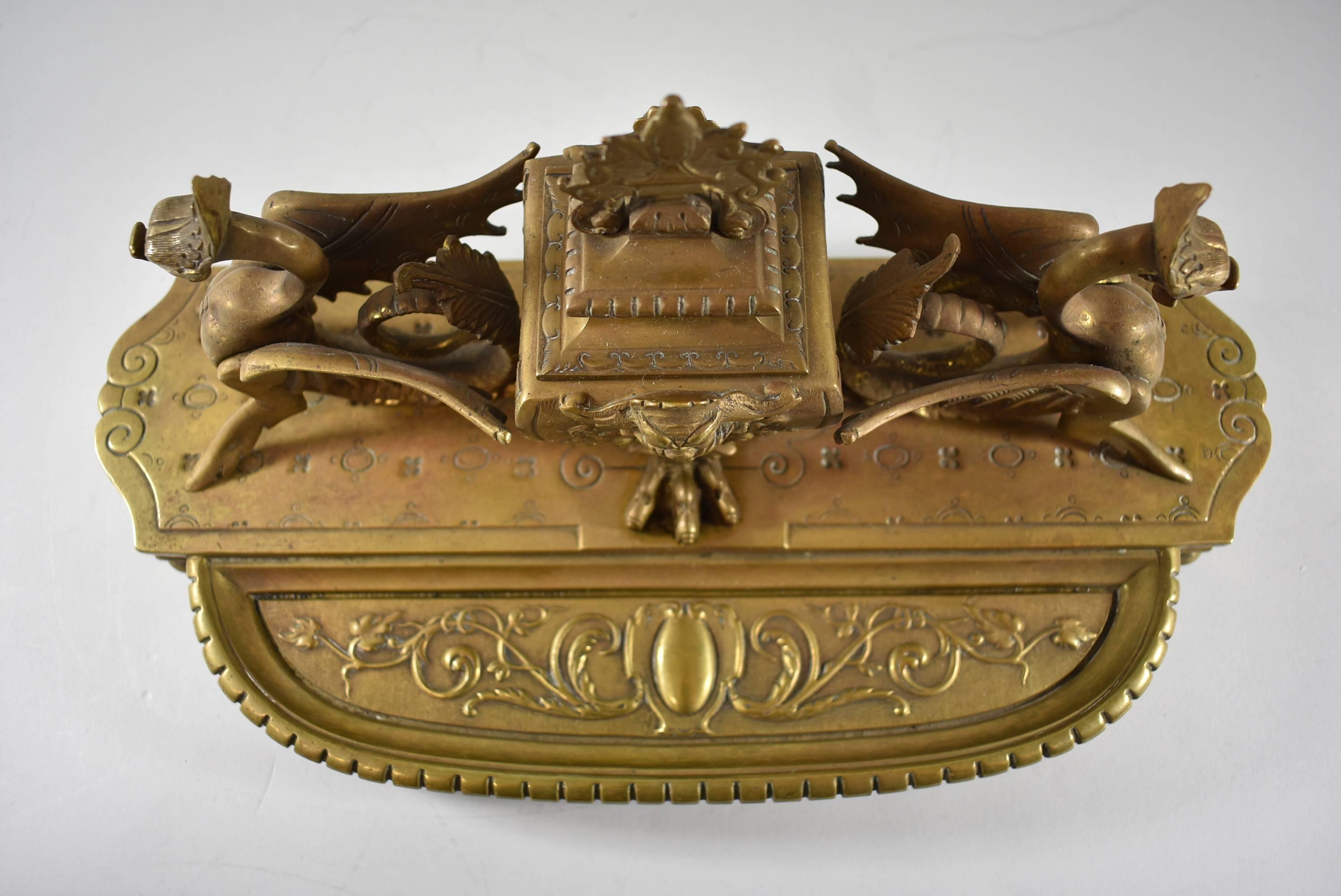 Large 19th Century French Bronze Inkwell with Dragons 4