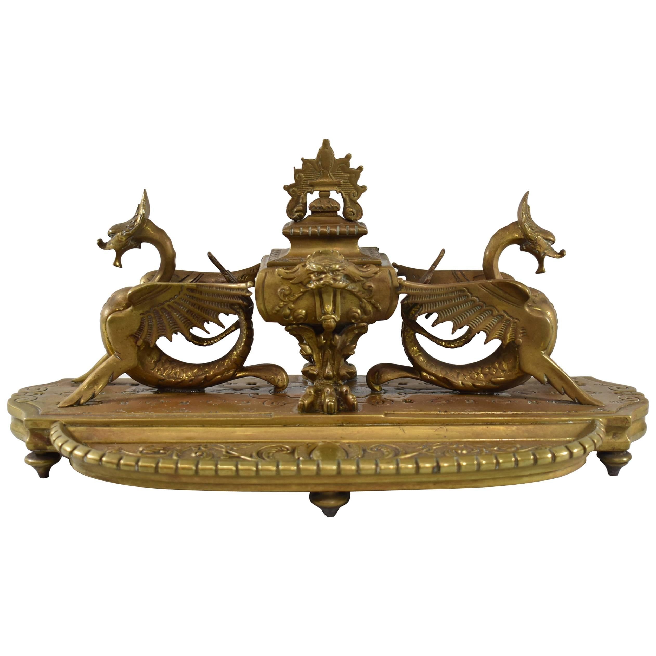 Large 19th Century French Bronze Inkwell with Dragons