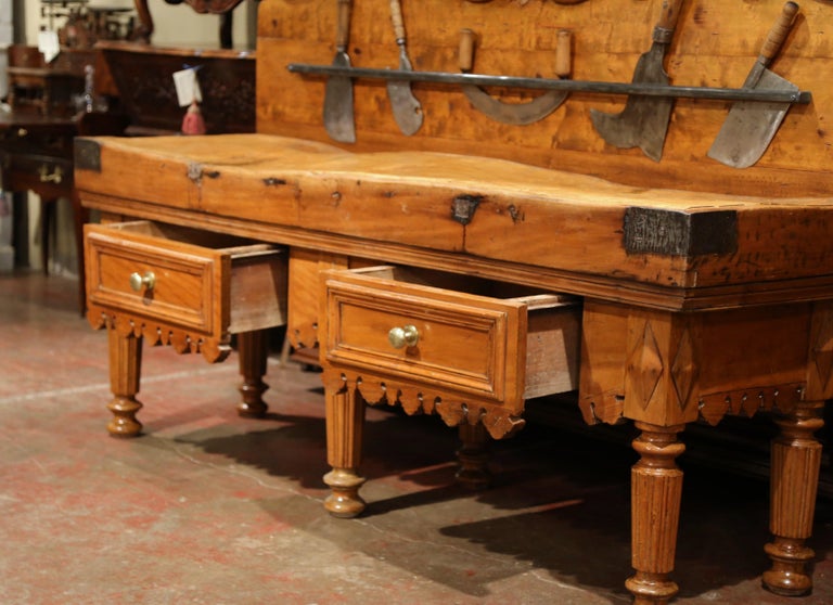 Large 19th Century French Butcher Block with Antique Meat Cleaver