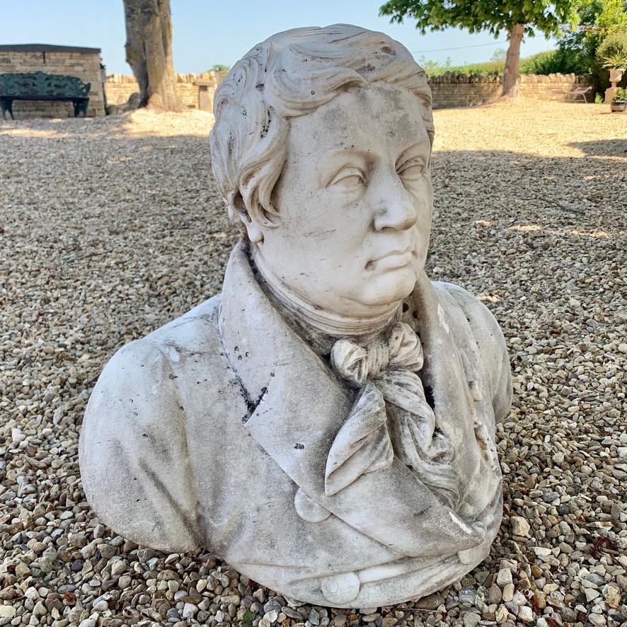 Fabulous scale to this solid 19th century Carrara marble bust of a very well presented gentleman and appears to have a Legion d'honneur medal pinned to his left lapel.
Well carved, full of detail and the bust has spent some time outside, so it has