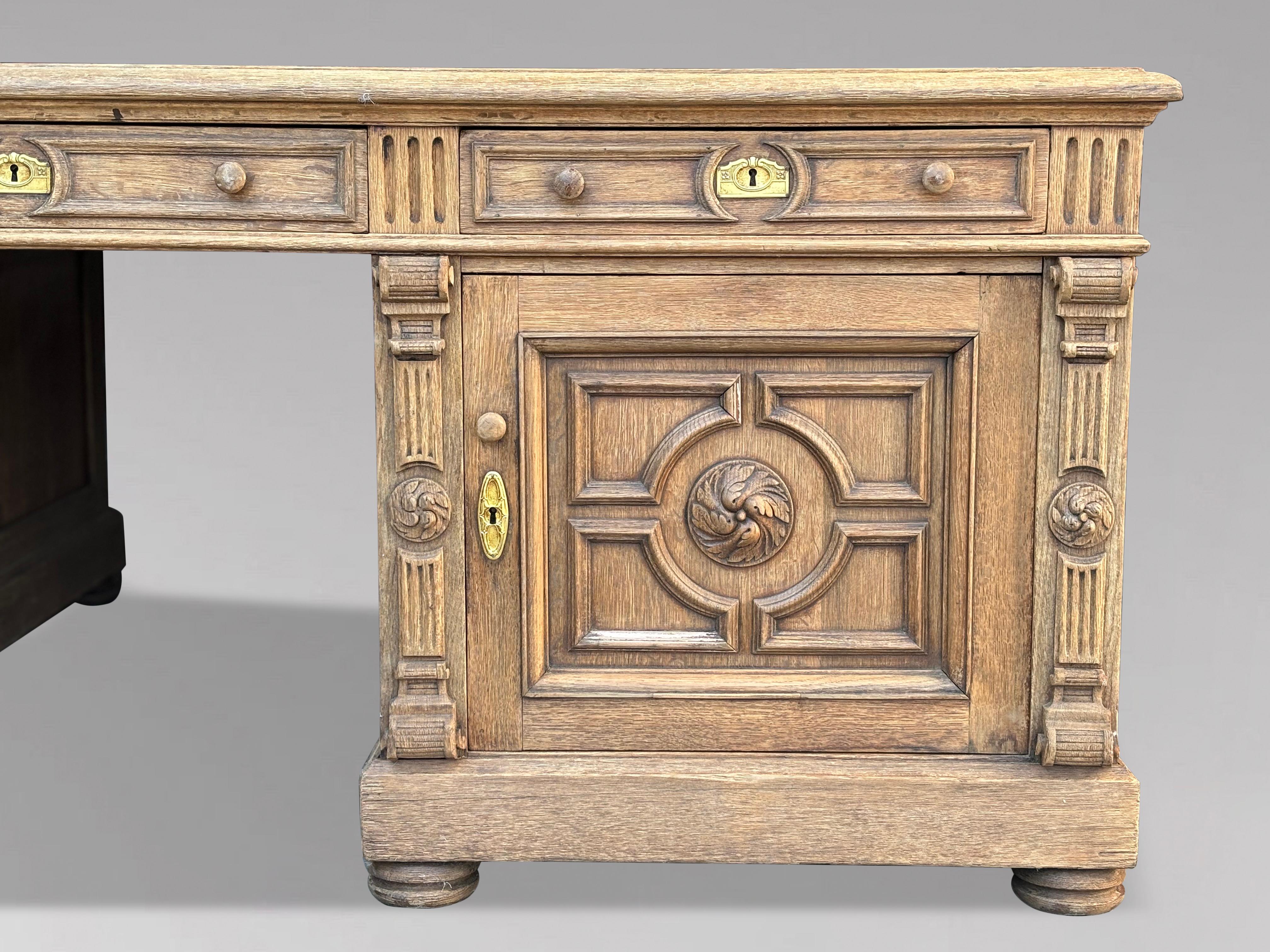 Large 19th Century French Carved Oak Partners Desk For Sale 3