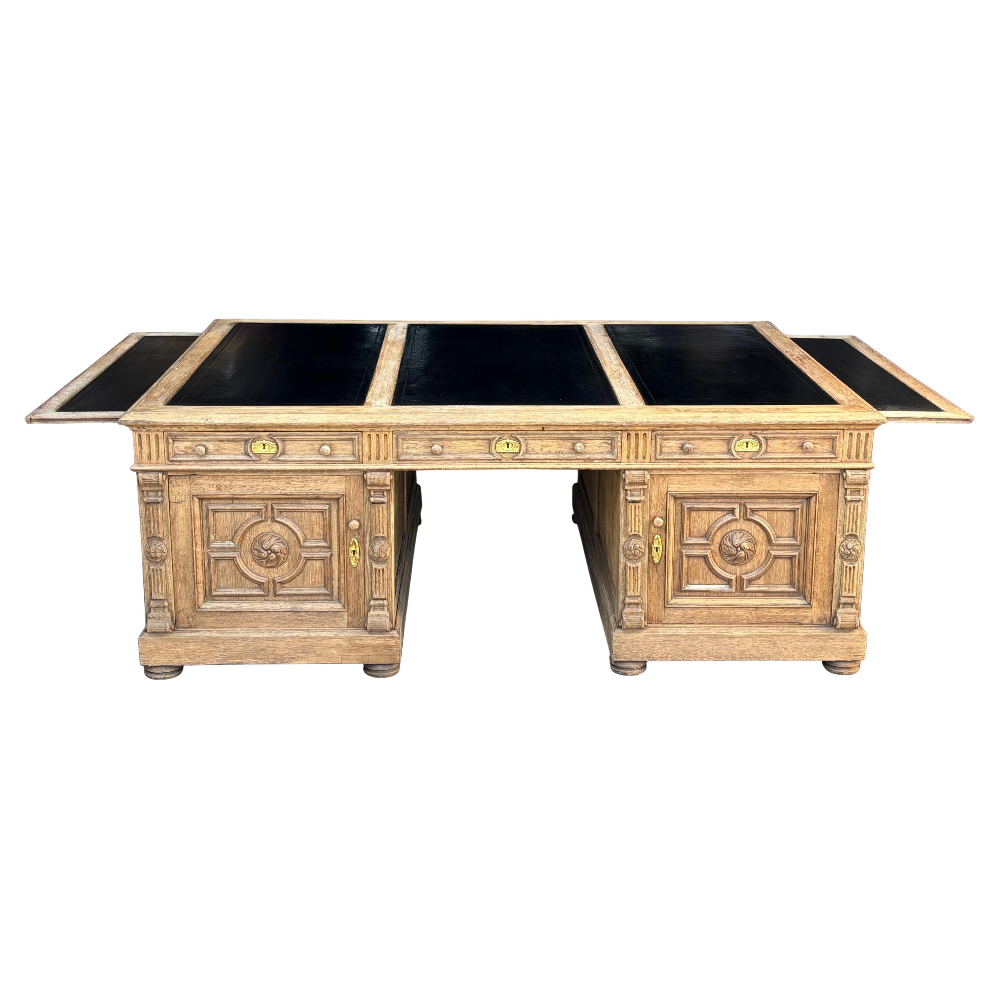 Large 19th Century French Carved Oak Partners Desk