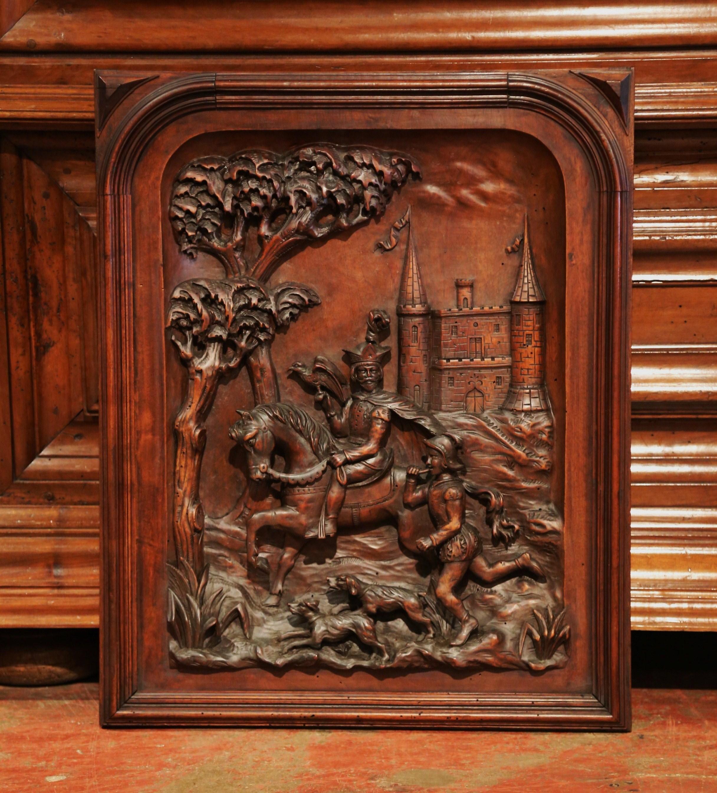 Large 19th Century French Carved Patinated Walnut Panel in High Relief In Excellent Condition In Dallas, TX