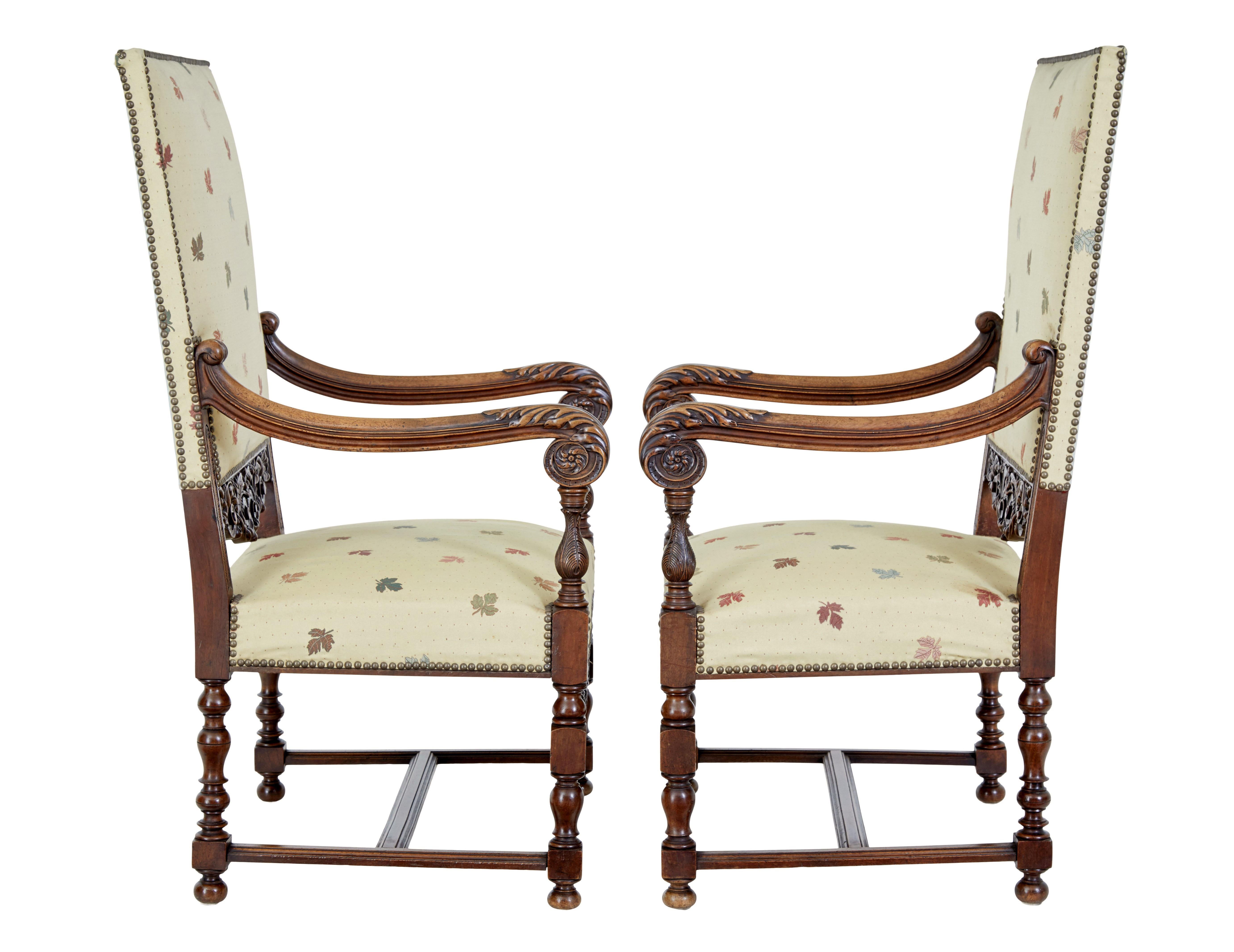 Fabric Large 19th century French carved walnut armchairs For Sale