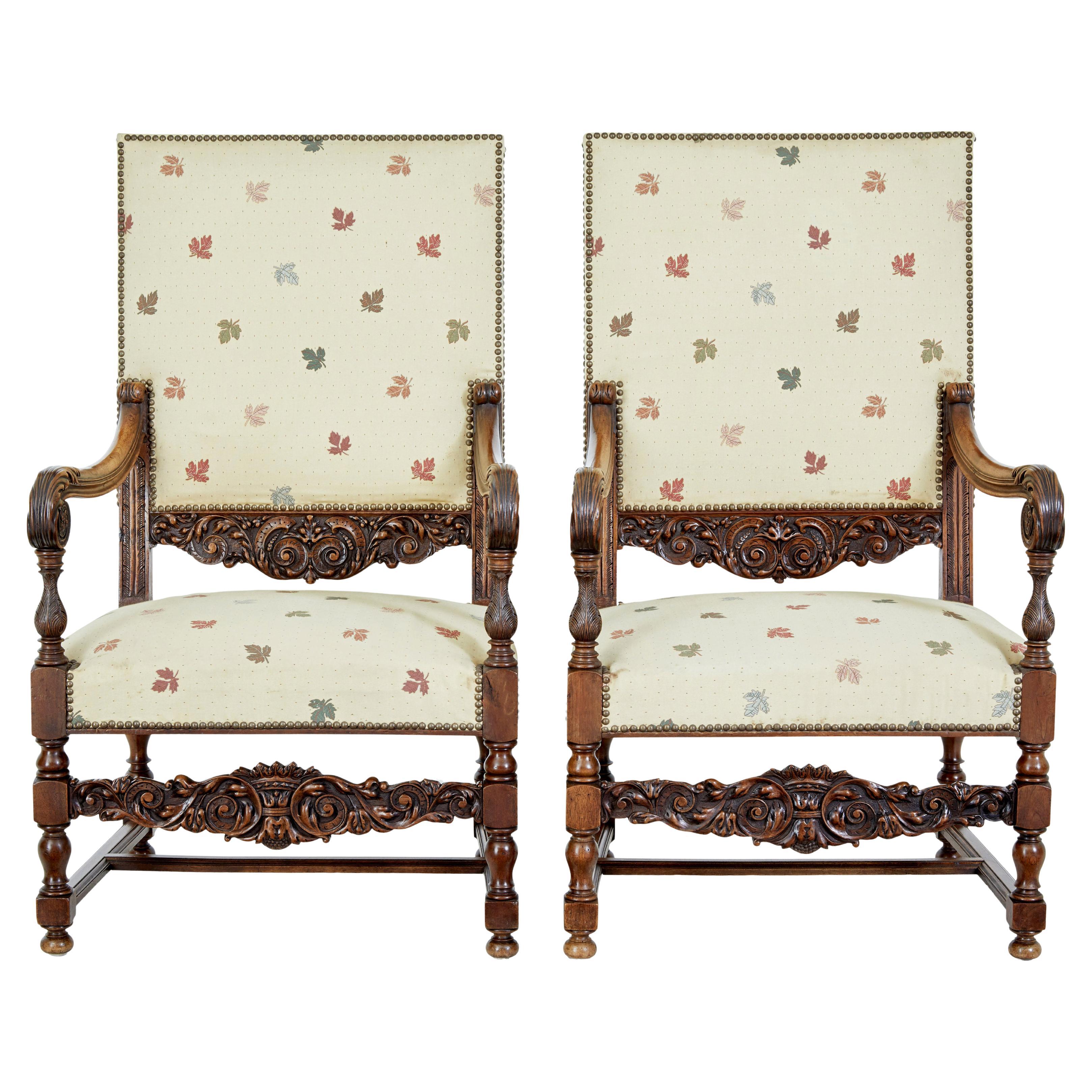 Large 19th century French carved walnut armchairs