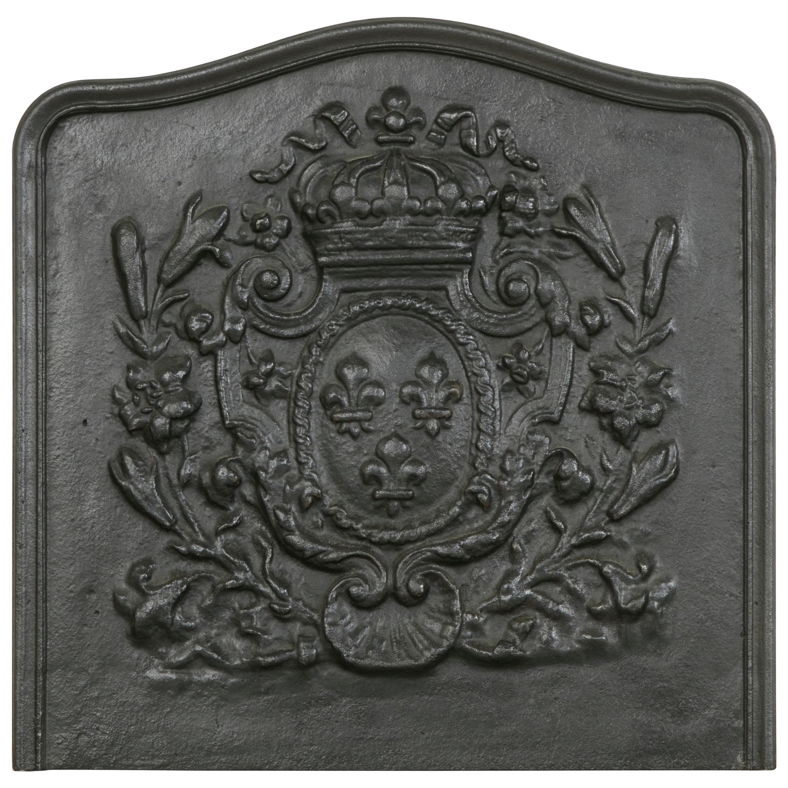 Large 19th Century French Cast Iron Fireplace Back with Crown and Fleurs-de-Lys