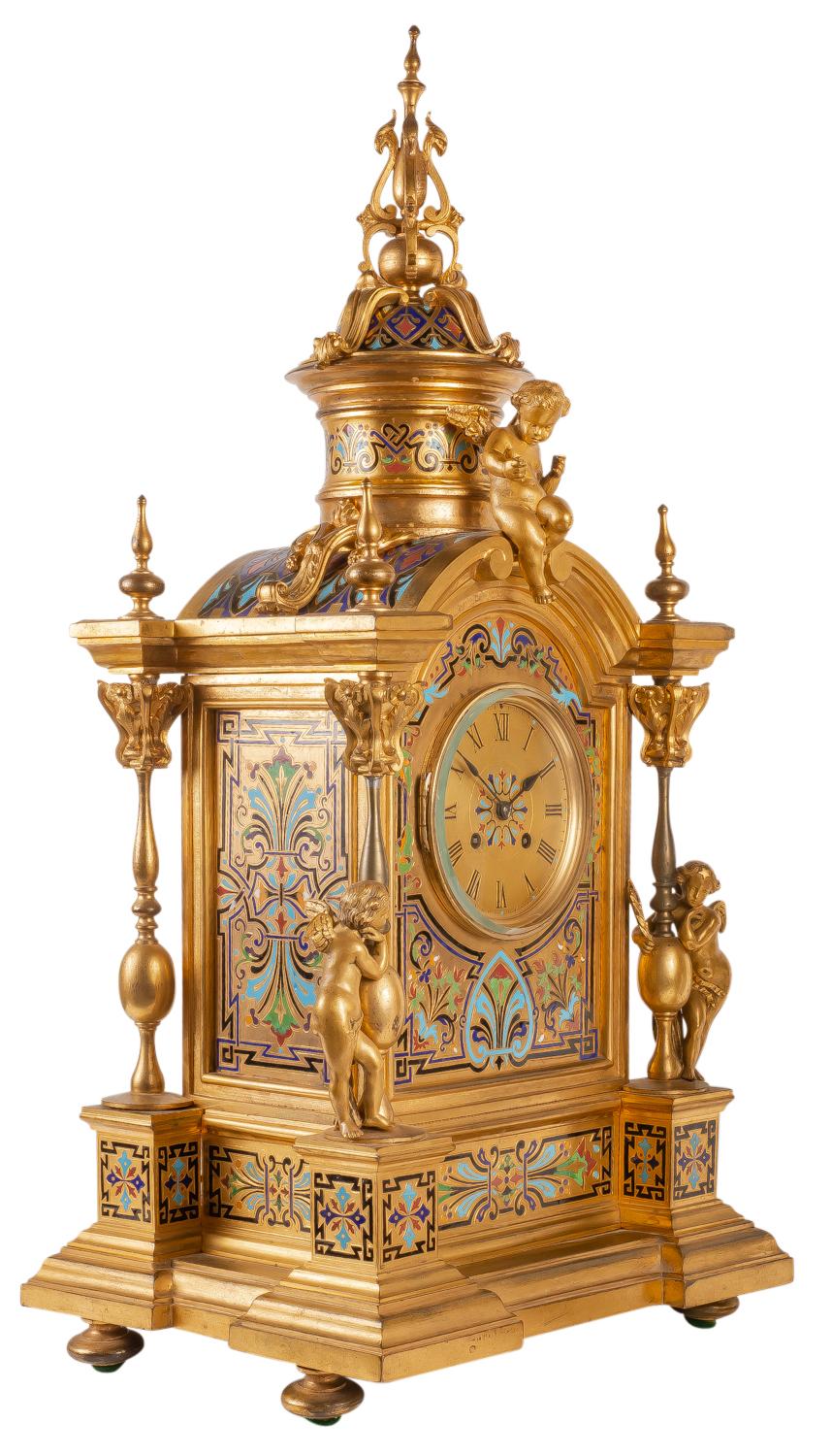 Large 19th Century French Champleve Enamel Clock Set In Good Condition For Sale In Brighton, Sussex