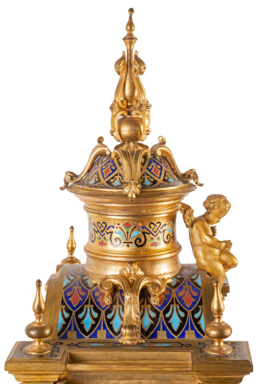 Large 19th Century French Champleve Enamel Clock Set For Sale 1