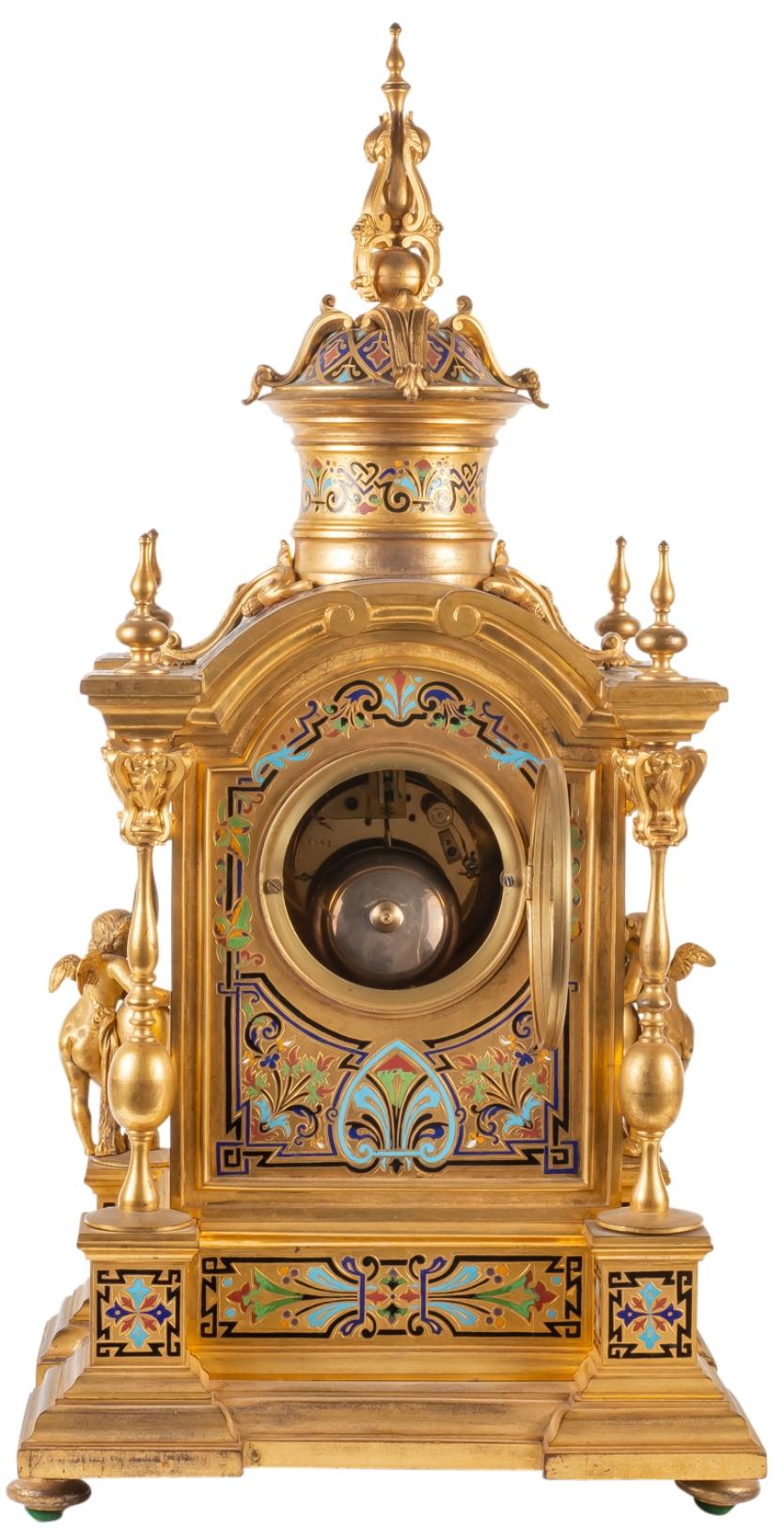 Large 19th Century French Champleve Enamel Clock Set For Sale 3