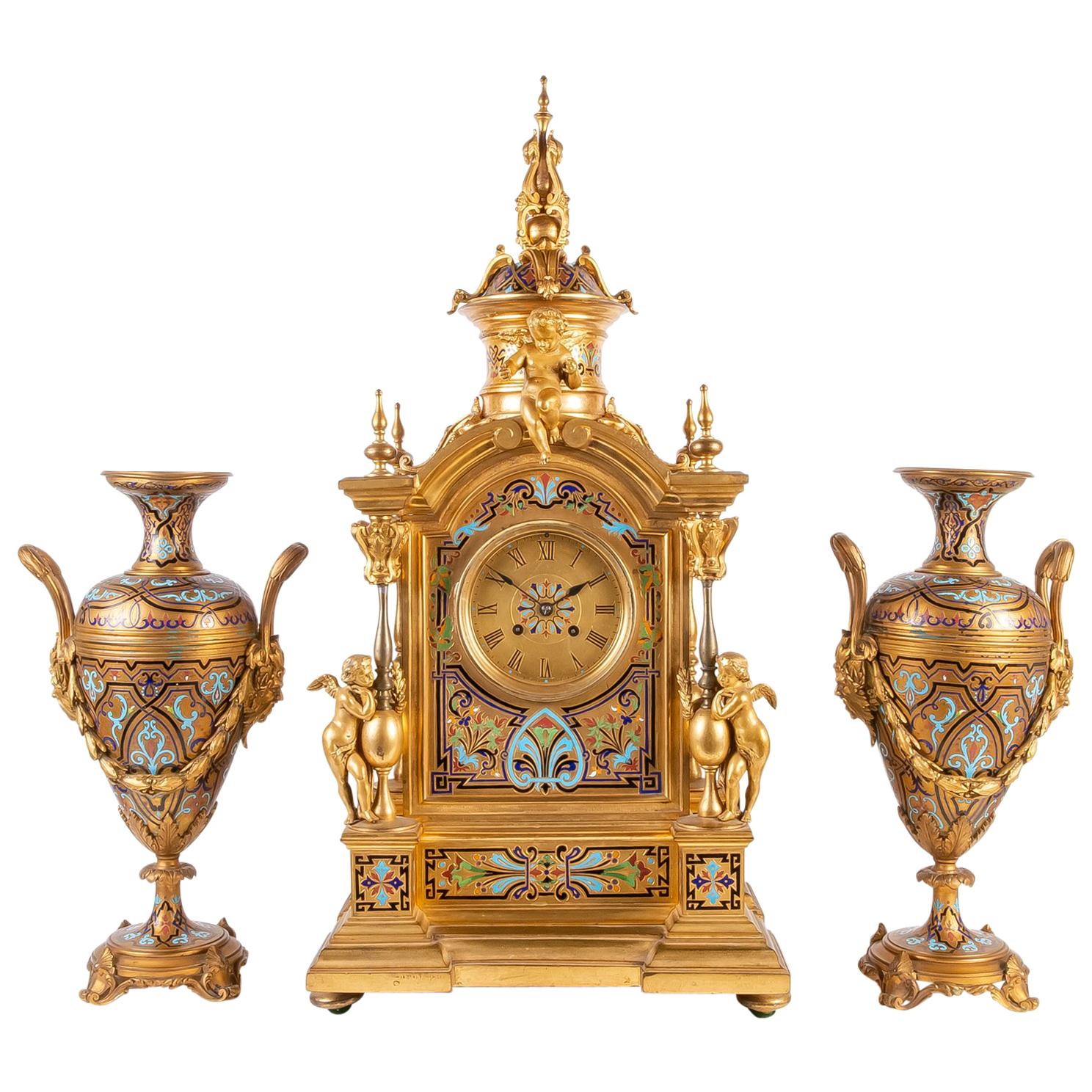 Large 19th Century French Champleve Enamel Clock Set For Sale