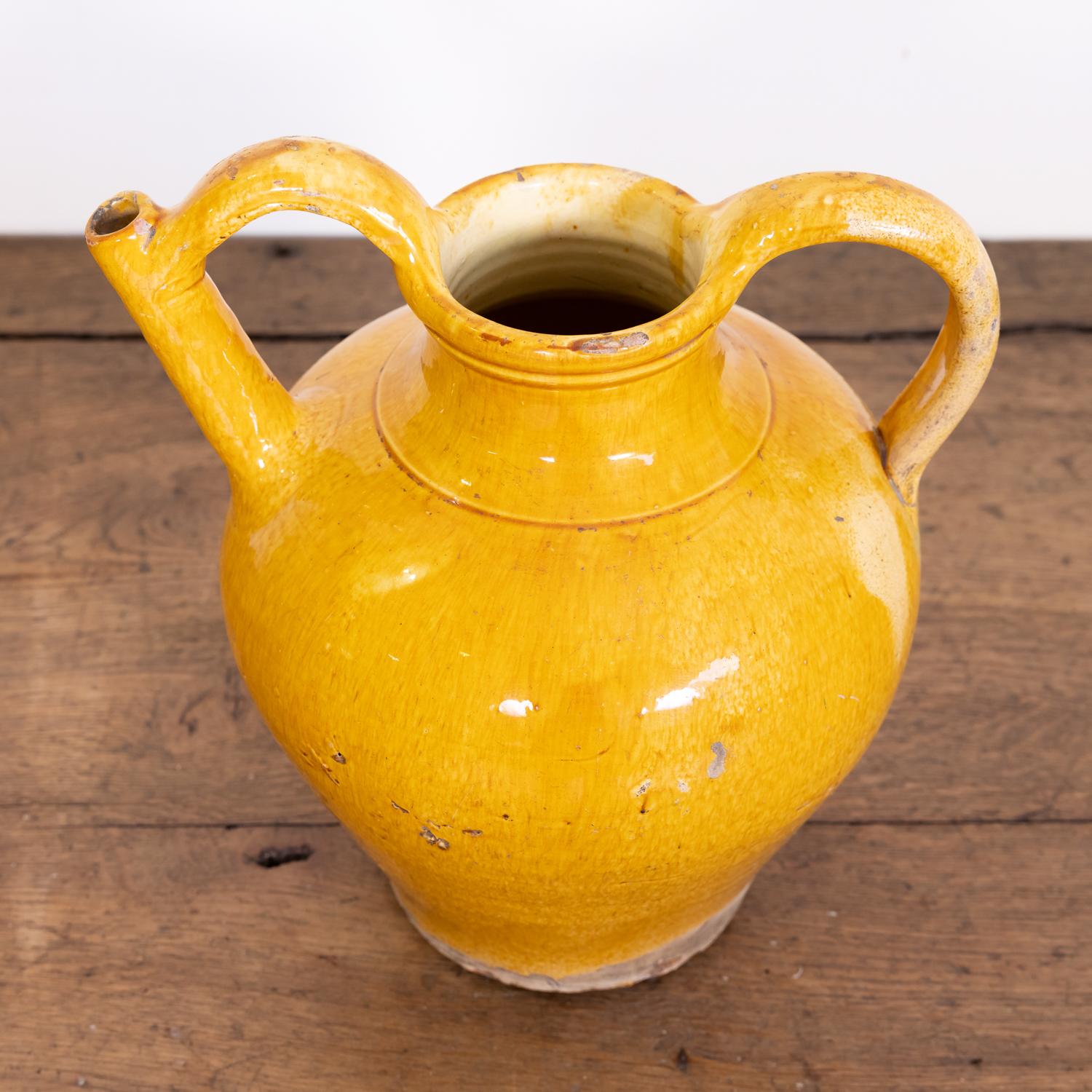 Large 19th Century French Cruche Orjol or Water Jug with Yellow Glaze 4