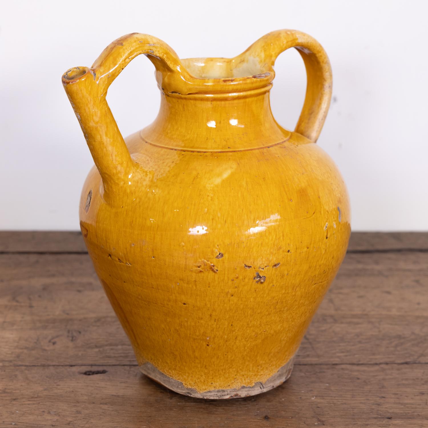 Terracotta Large 19th Century French Cruche Orjol or Water Jug with Yellow Glaze