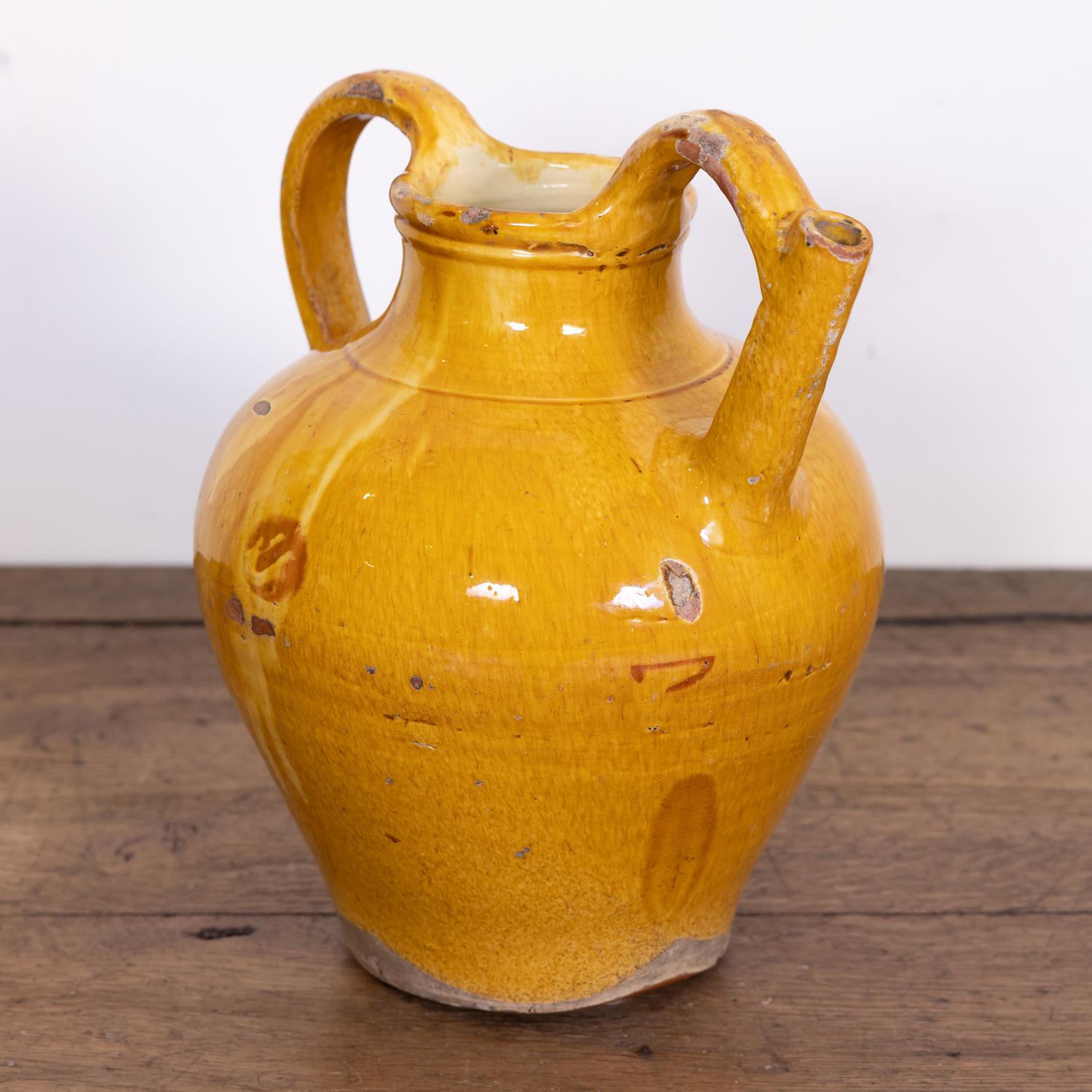 Large 19th Century French Cruche Orjol or Water Jug with Yellow Glaze 2