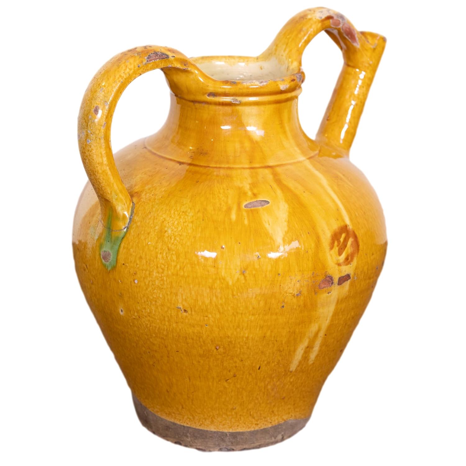 Large 19th Century French Cruche Orjol or Water Jug with Yellow Glaze