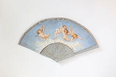Large 19th Century French Decorative Fan with Chubby Angels on Blue Sky