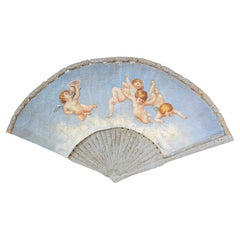 Large 19th Century French Decorative Fan with Chubby Angels on Blue Sky