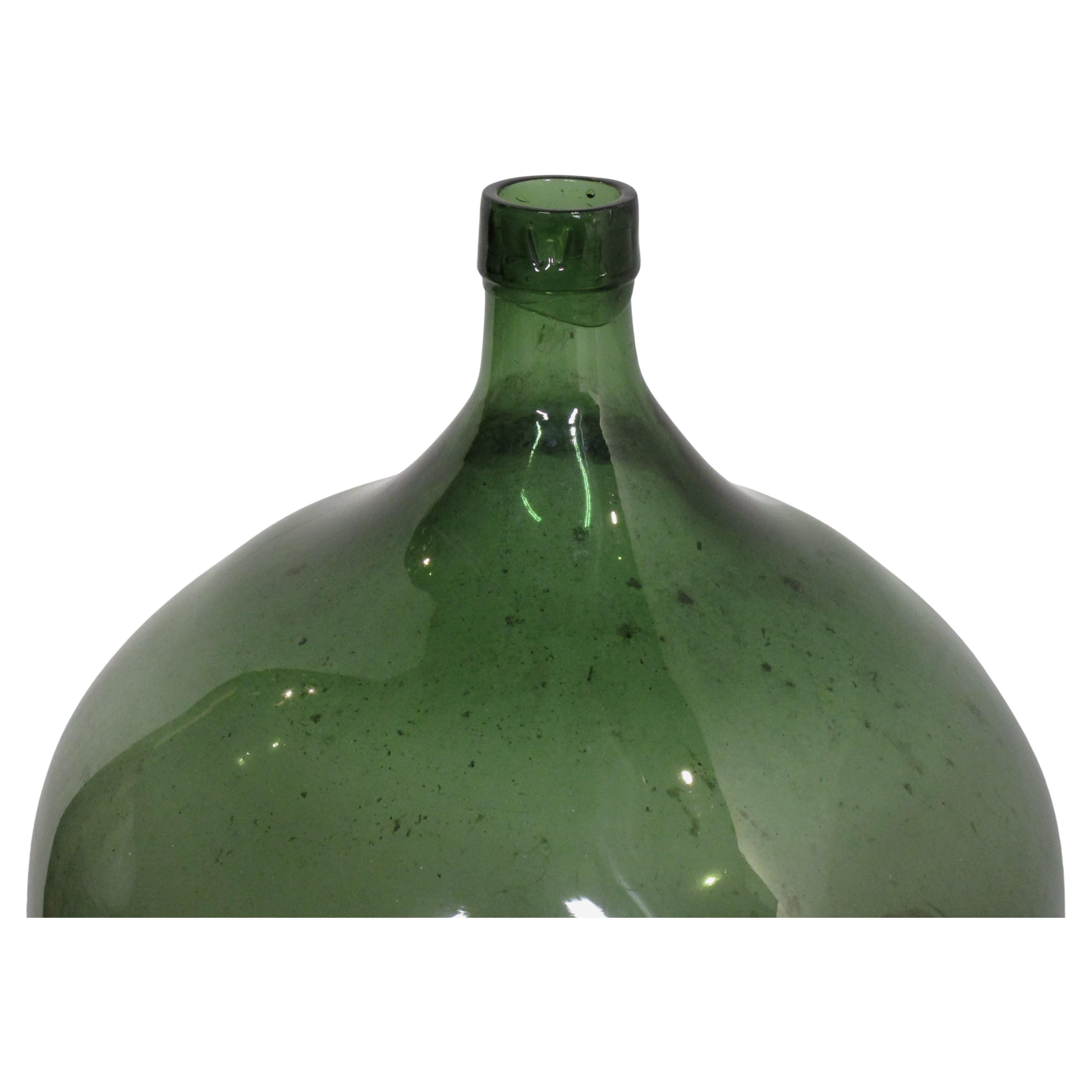 Hand-Crafted Large Antique French Green Glass Demijohn For Sale
