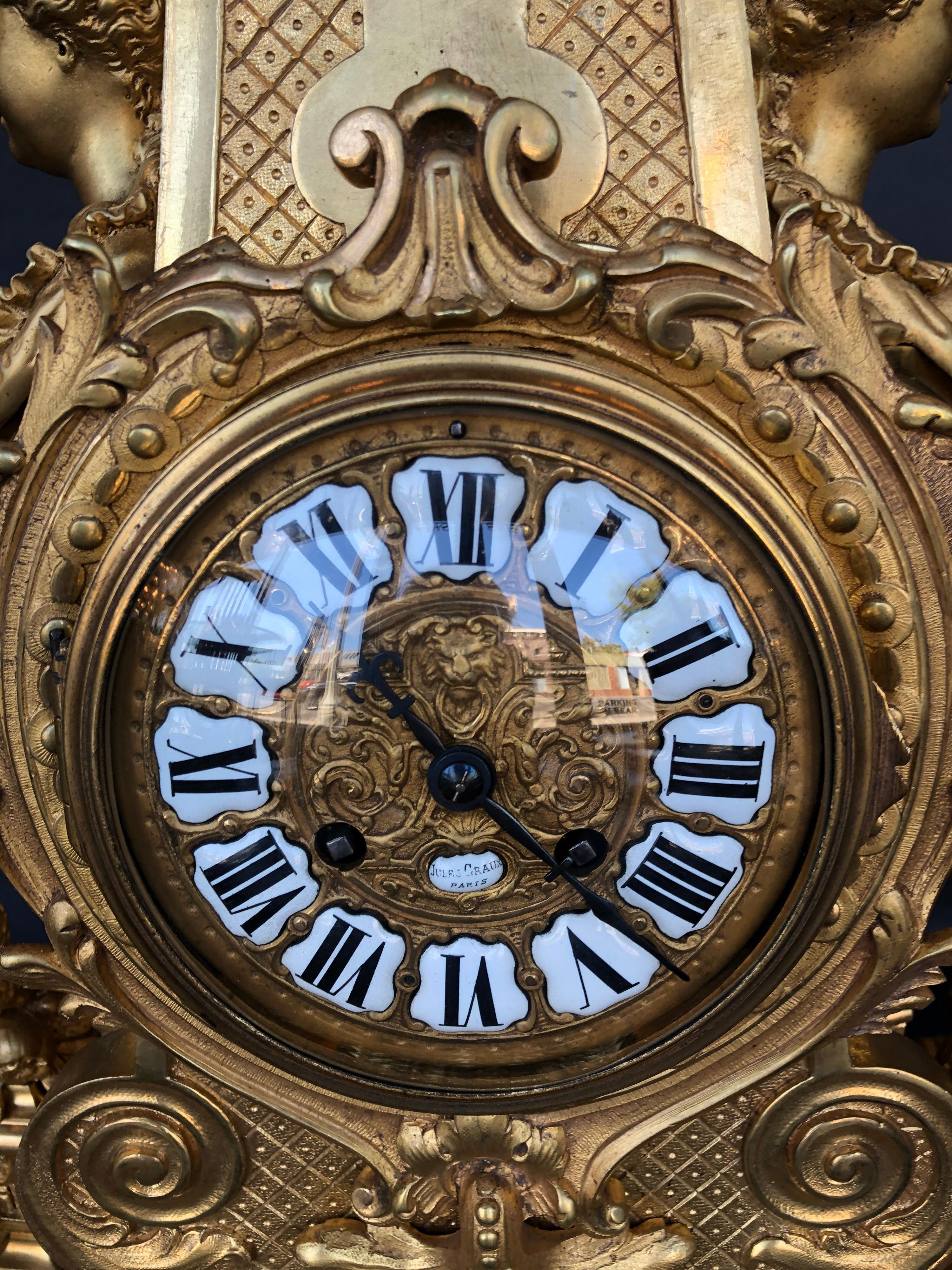 Large 19th Century French Doré Bronze Mantel Clock In Good Condition For Sale In Los Angeles, CA