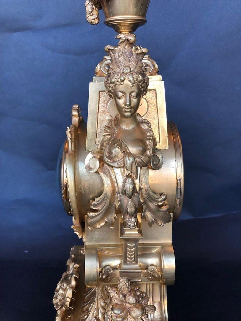 Large 19th Century French Doré Bronze Mantel Clock For Sale 2