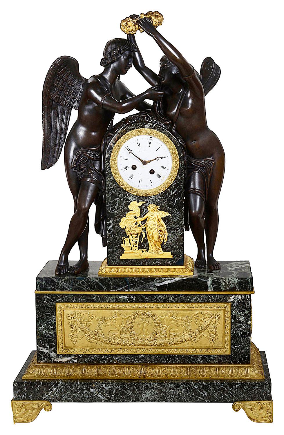 Gilt Large 19th Century French Empire Style Clock Set For Sale