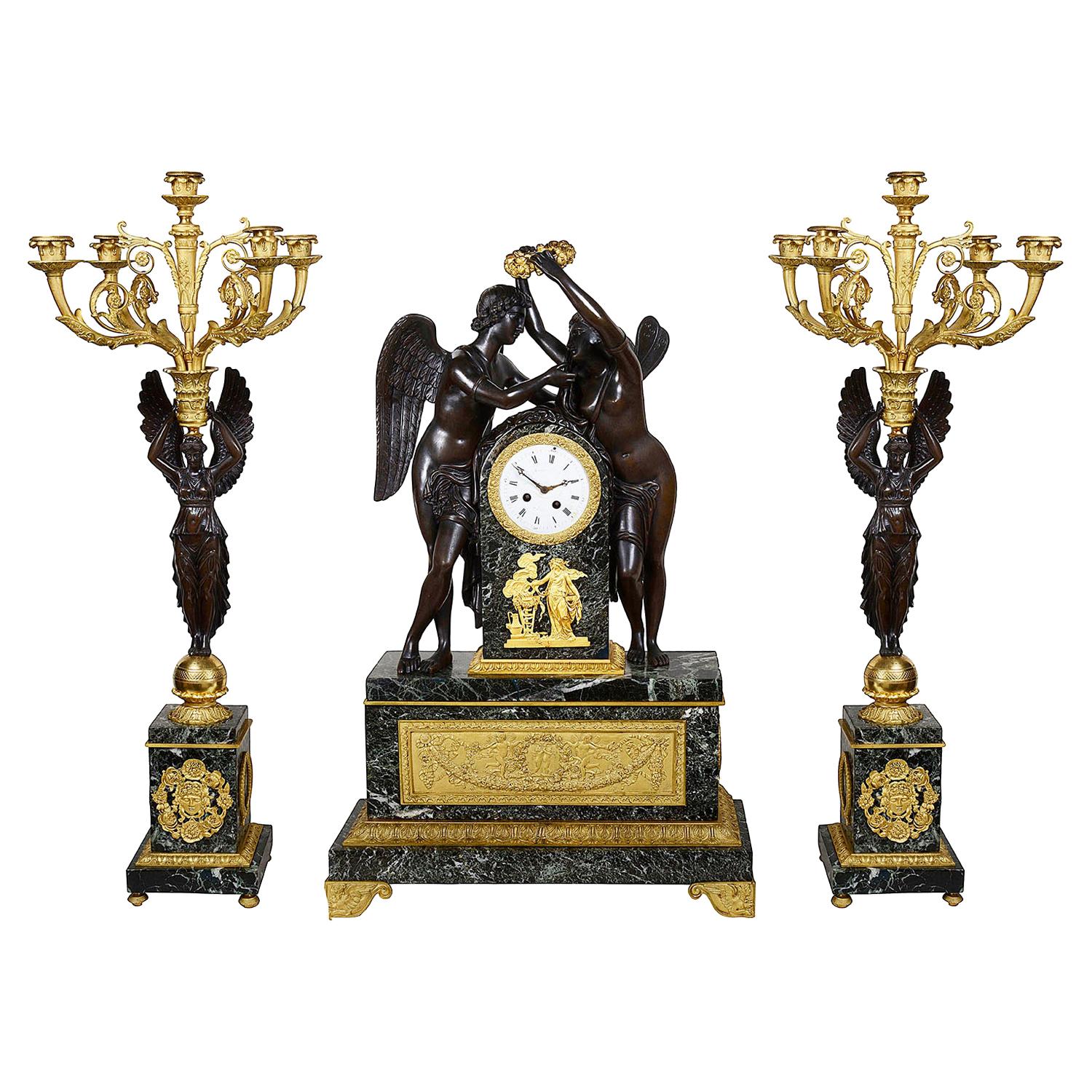 Large 19th Century French Empire Style Clock Set