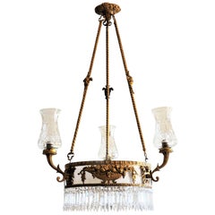 Large 19th Century French Empire Style Dóre Bronze Crystal Six-Light Chandelier