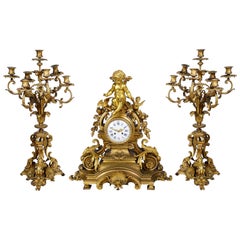 Antique Large 19th Century French Gilded Clock Set