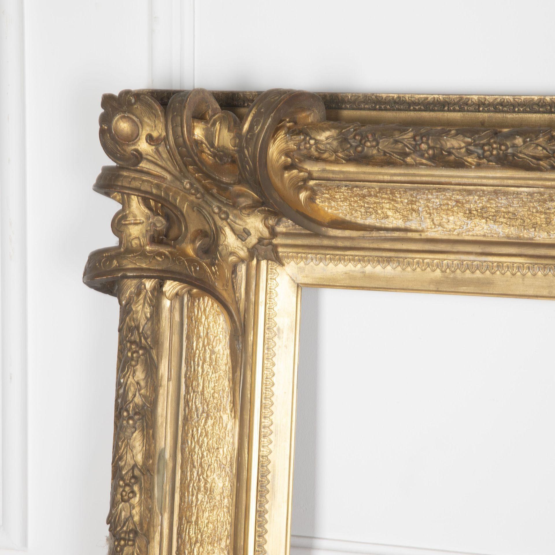 Large 19th Century French gilded frame made from plaster and wood.
A lovely decorative piece just as it is or could be turned into a mirror.