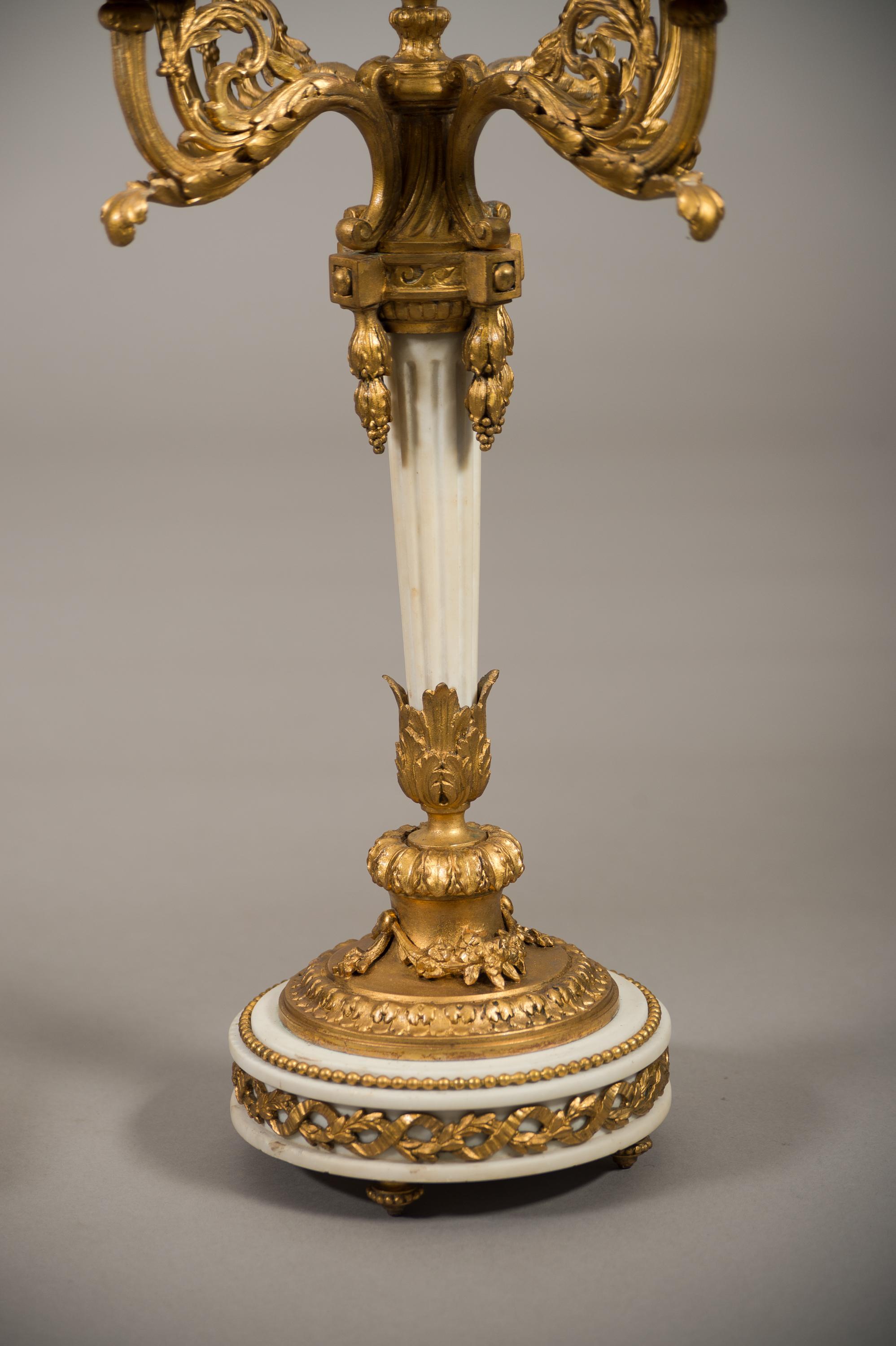 Empire Large 19th Century French Gilt Bronze and Marble Lyre Shaped Clock Garniture For Sale