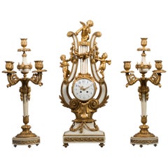 Large 19th Century French Gilt Bronze and Marble Lyre Shaped Clock Garniture