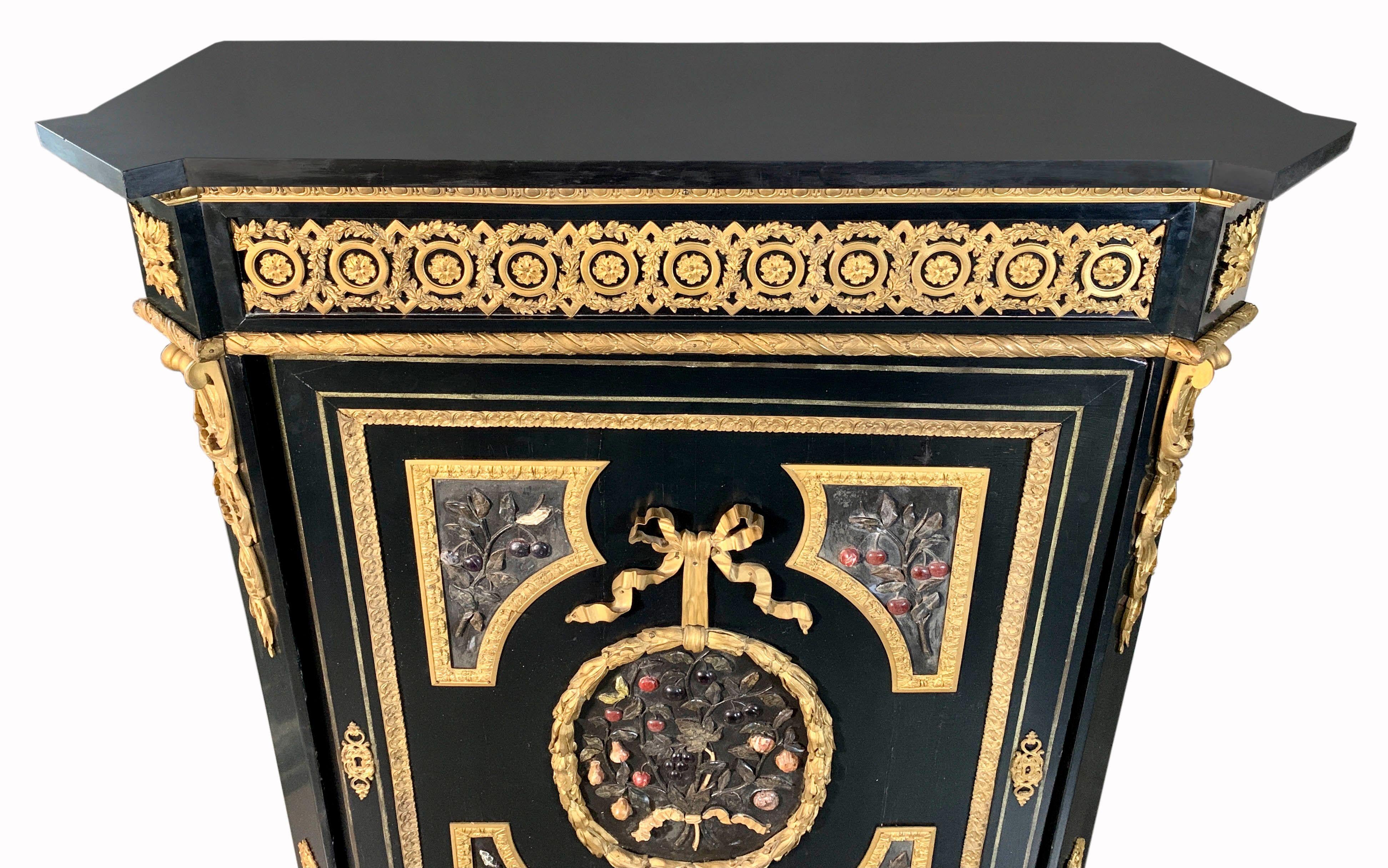 A Very Fine Antique Ebonized Wood & Ormolu Mounted Pietra Dura Cabinet For Sale 2